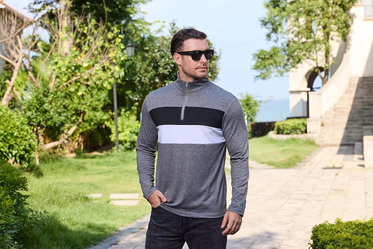 Mens Quarter Zip Polo Shirt Long Sleeve Color Block T Shirts for Men Lightweight Casual Striped Golf Polos - Image 5