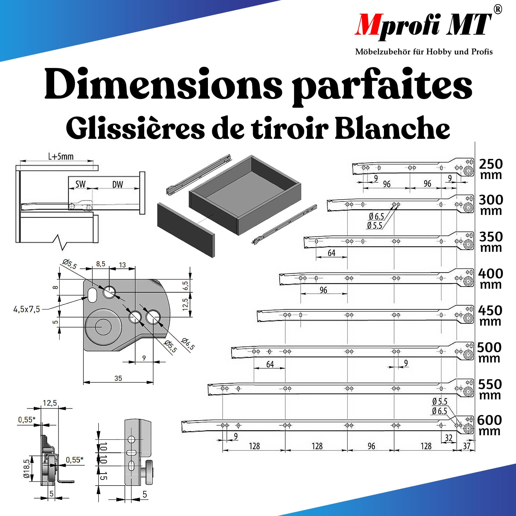 Mprofi MT® 20 Pièces, 10 Paires | Coulisse Tiroir | Glissiere Pour Tiroir | L:250mm | Rail Tiroir Coulissant | Rail Coulissant | Acier Galvanisé Coulisse à Sortie Partielle | Blanc