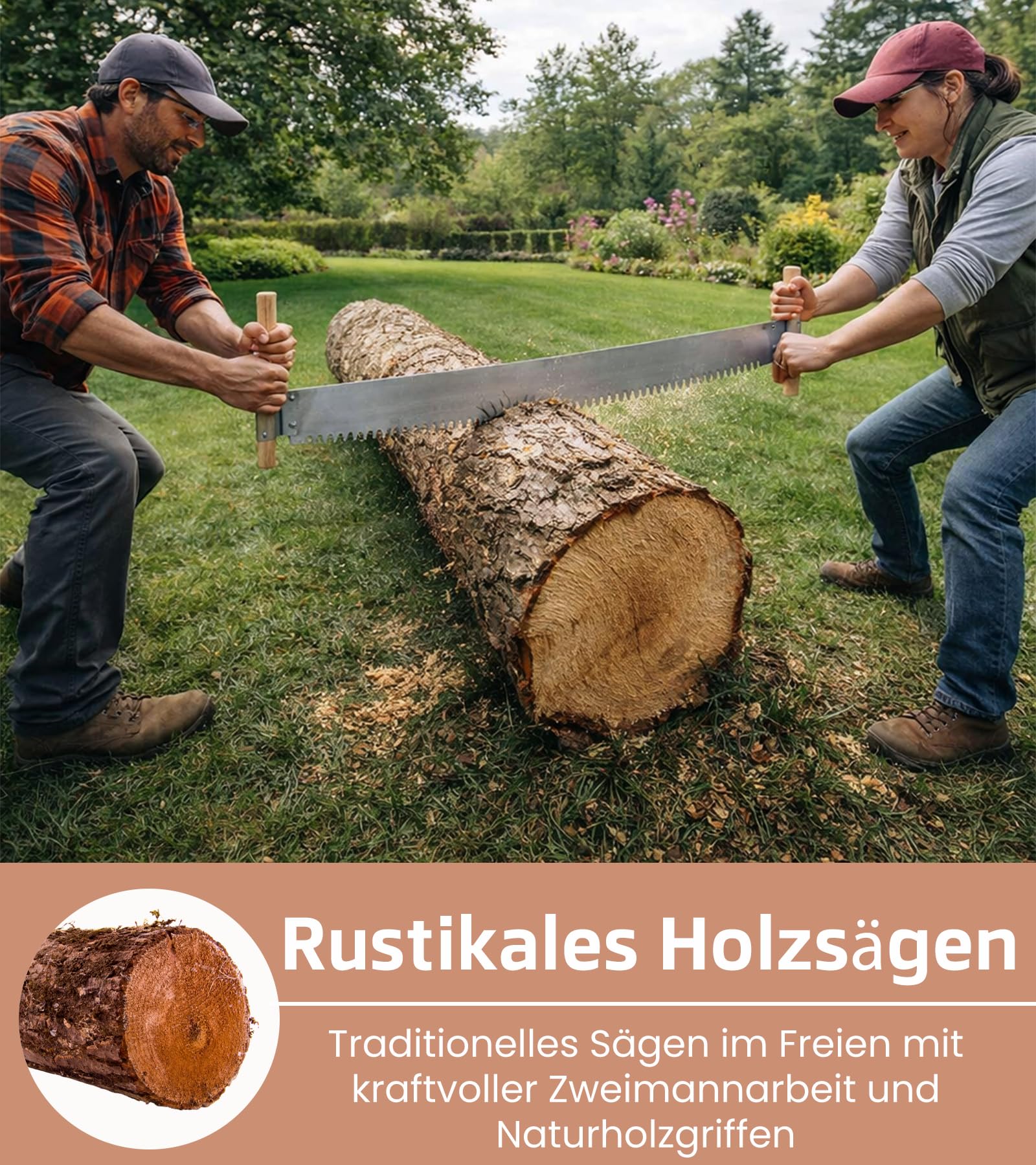 Zweimann-Baumsäge mit Holzgriffen – Handsäge für Baumstämme & Brennholz – robuste Zwei-Mann Säge für Forstarbeiten – langlebige Forstsäge manuell