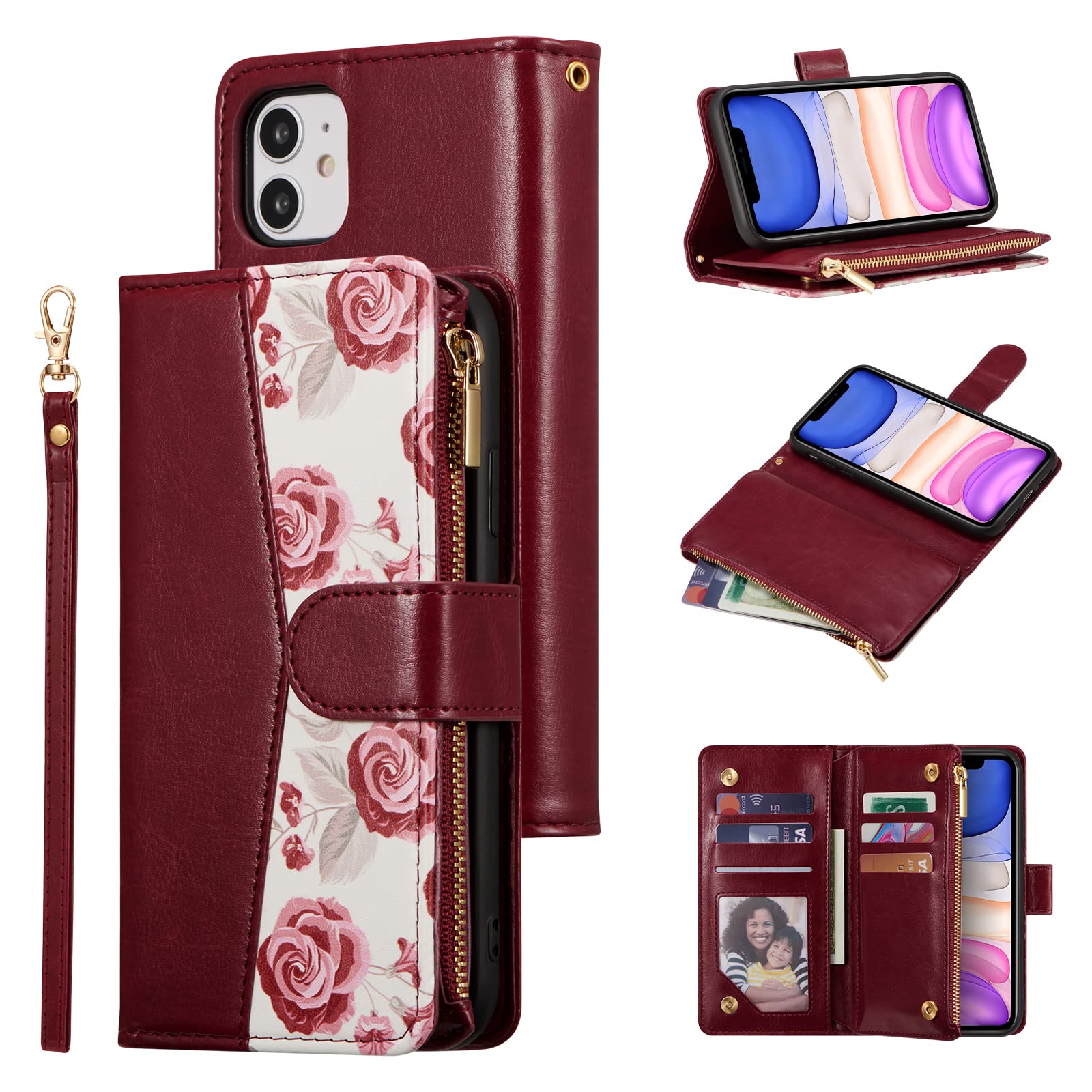 UEEBAI Wallet Case for iPhone 11 6.1 inch, PU Leather Magnetic Closure Handbag Zipper Pocket Case Kickstand Card Holder Slots with Wrist Strap TPU Shockproof Flip Cover - Wine Red