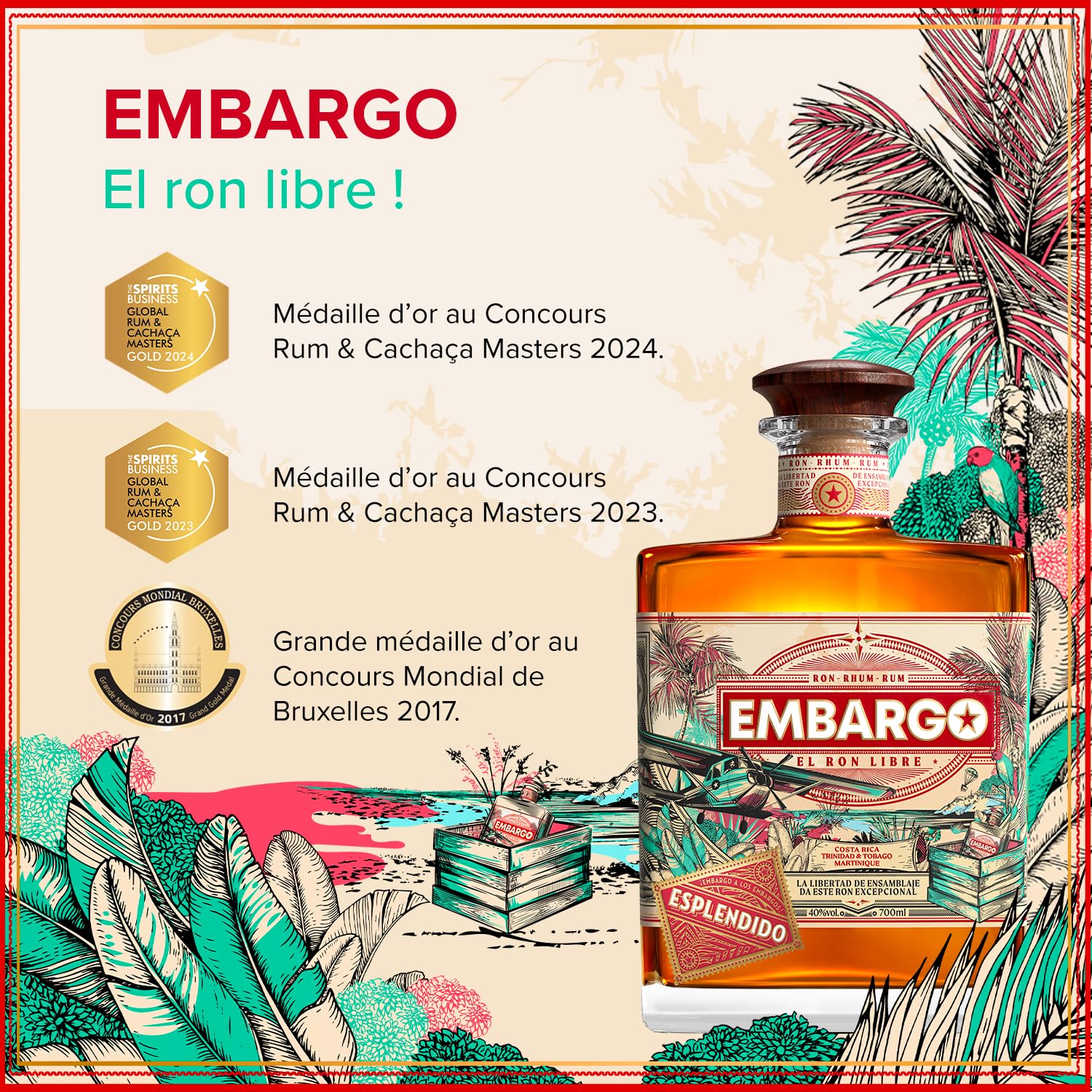 EMBARGO - Rhum Esplendido - Médaille d’or Rum & Cachaça Masters 2023 - Grande médaille d’or Concours Mondial de Bruxelles 2017 - 40 % Alcool - 70 cl