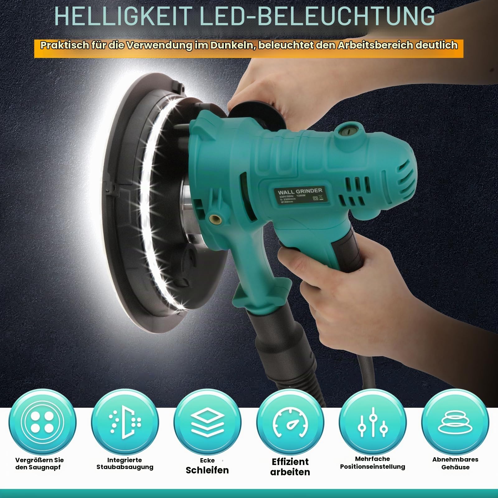 Trockenbauschleifer 800W,180mm Elektroschleifmaschine für Wände, Deckenschleifer Wandschleifer, LED-Licht,12 Schleifpapier, Staubfangsack und Absaugschlauch