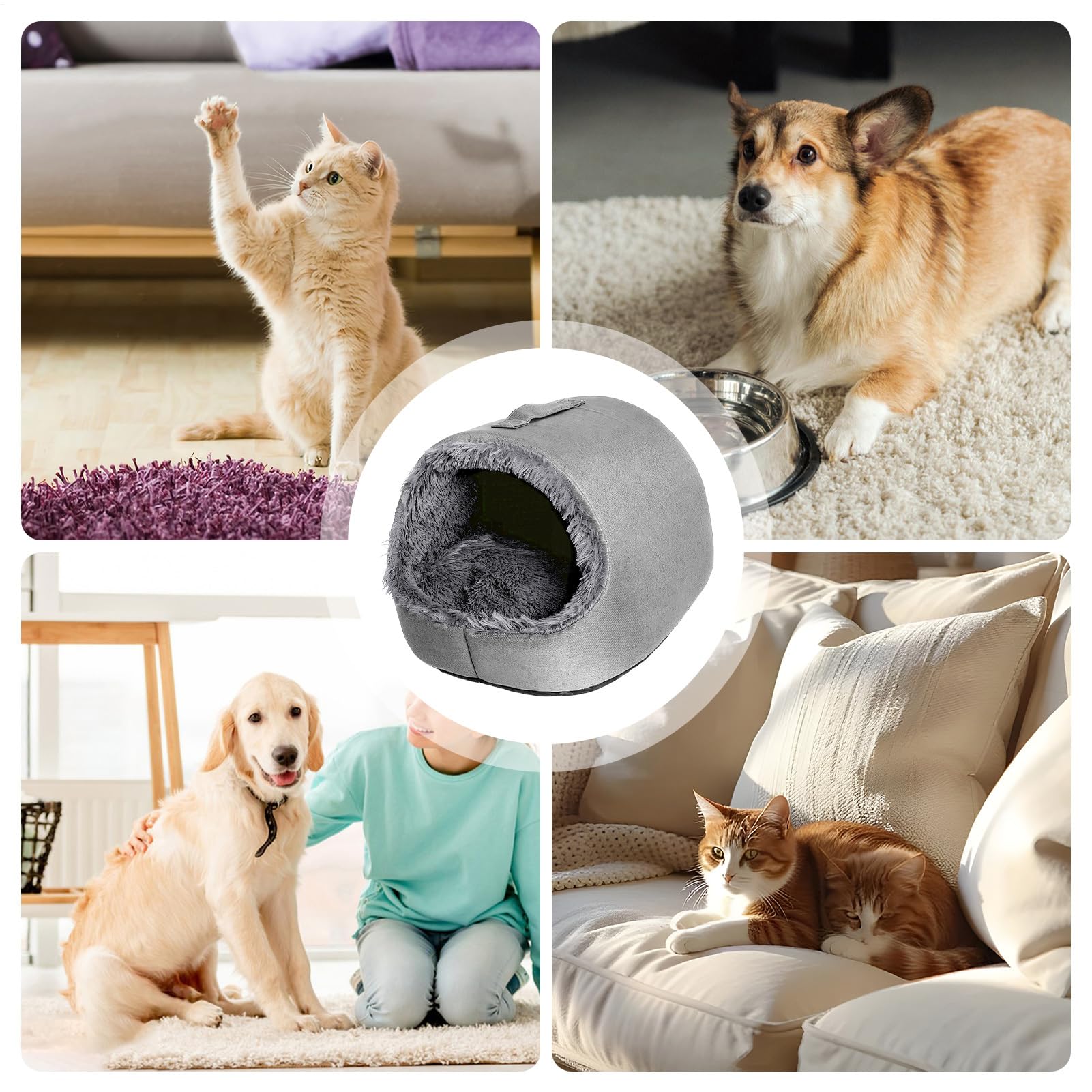 Cuccia per gatti coperta con maniglia, calda, invernale, morbida e confortevole | Grotta per gatti coperta per animali domestici, dormitorio, appartamento, soggiorno, balcone