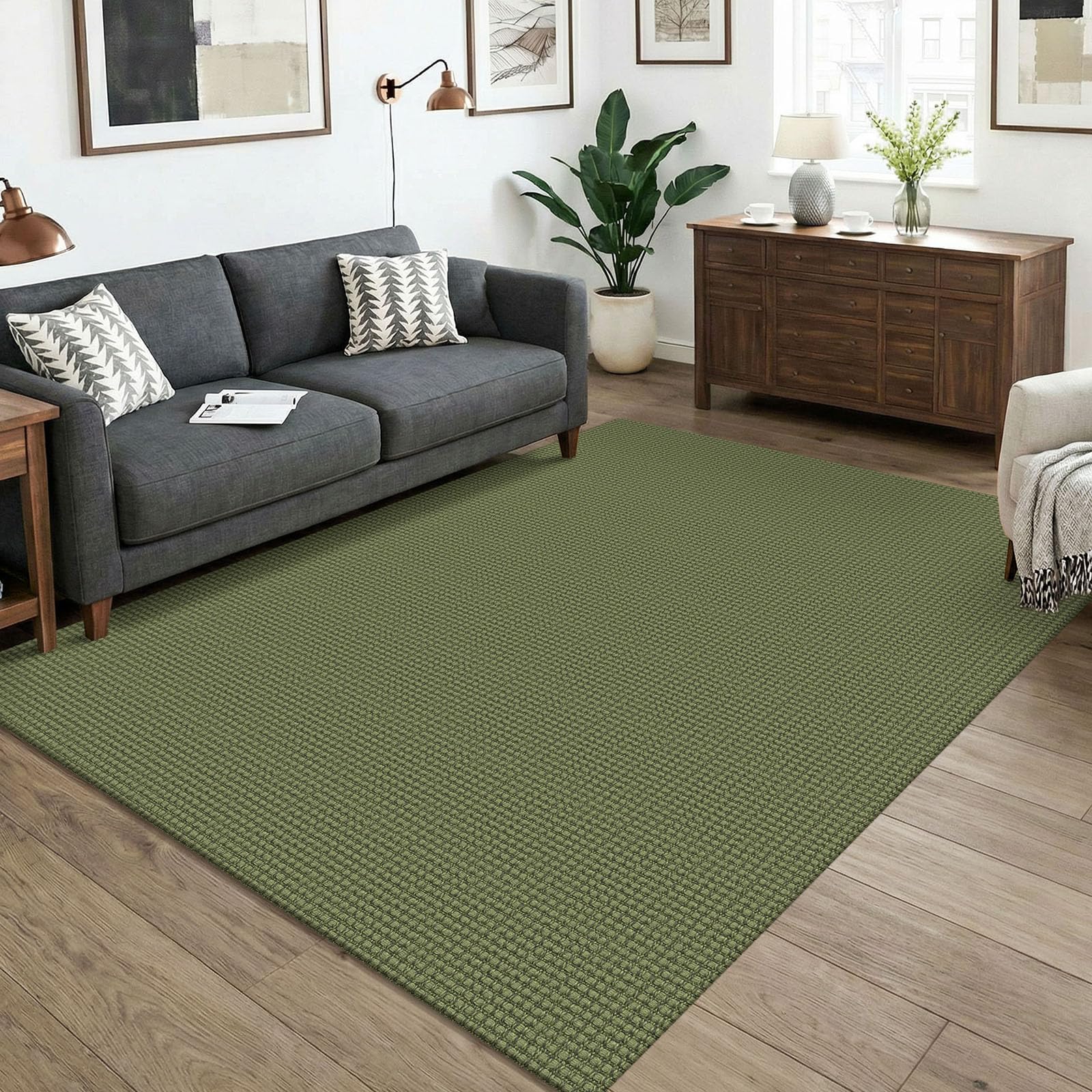 KOZYFLY Washable 5x7 Living Room Rug, Non Slip Woven Area Rugs, Braided Floor Carpet for Entryway, Kitchen, Bedroom, Dining Room, Office, Cotton Rug Indoor Decor, Olive Green/Earthy Green — image 1