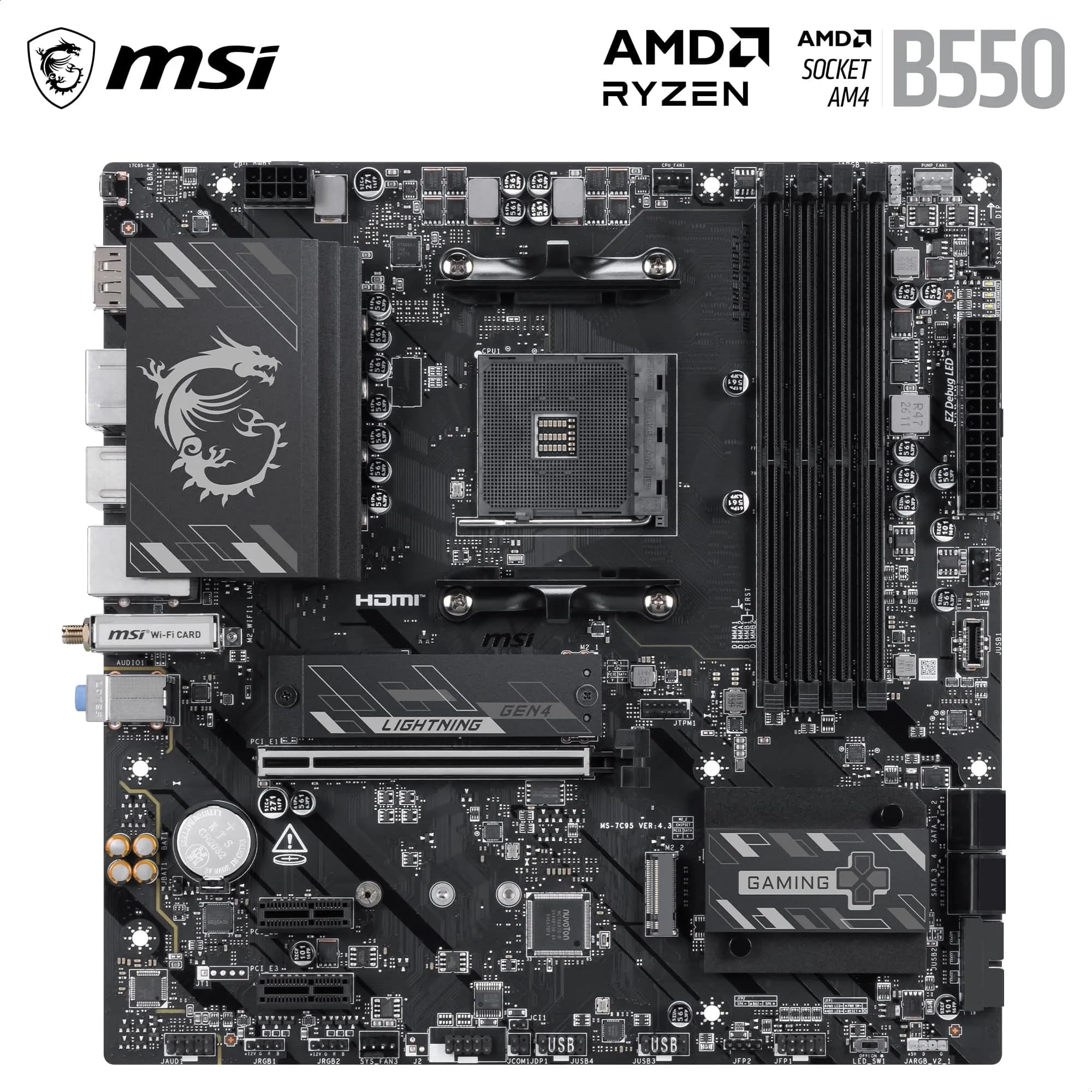 MSI Carte mère B550M Gaming Plus WIFI6E, mATX Prend en Charge Les processeurs AMD Ryzen 5000, 5000 G-Series 4000 G-Series et 3000 Series, AM4-DDR4 Memory Boost 4400 + MHz/OC, PCIe 4.0 x16, M.2 Gen4