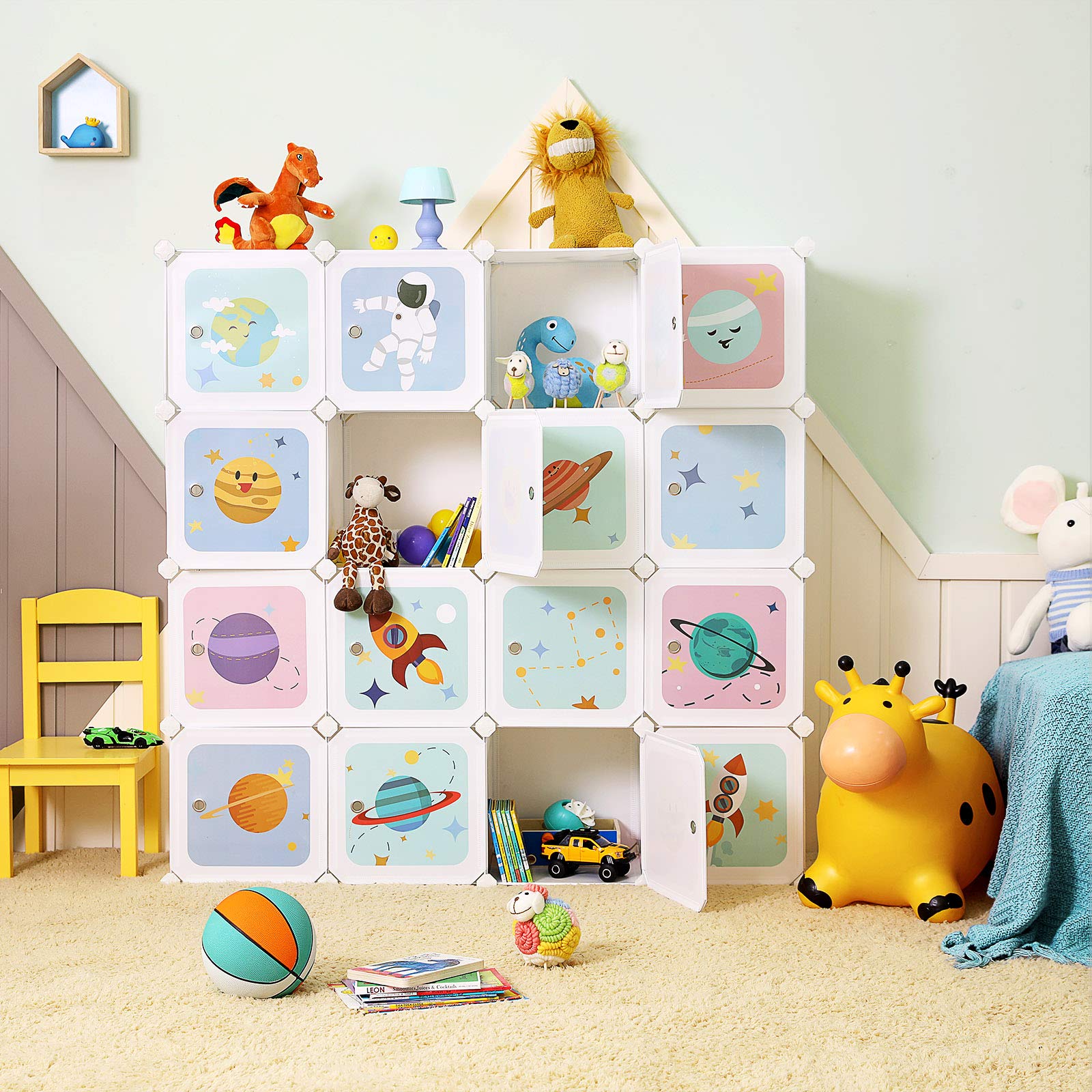 SONGMICS Modułowa szafa dziecięca 15 wiader, modułowy organizer dla dzieci, plastikowe półki na wiadra, z drzwiami, na ubrania, buty, zabawki, 151 x 31 x 153 cm, biały LPC902W