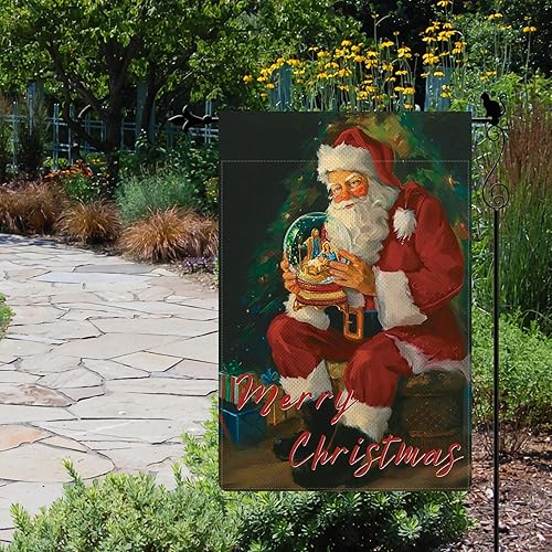 Miniatura 3 de Bandera de jardín de Navidad con bola de cristal de Papá Noel, bandera vertical de doble cara rústica de arpillera para patio, césped, decoración al