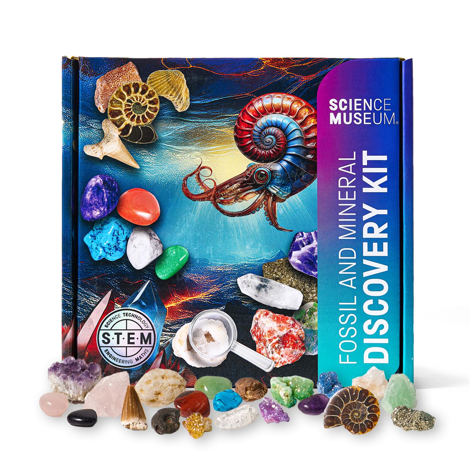 SCIENCE MUSEUM Fossil & Mineral Discovery Kit – Real Fossils, Crystals & Gemstones, Educational STEM Activity Set with Magnifier