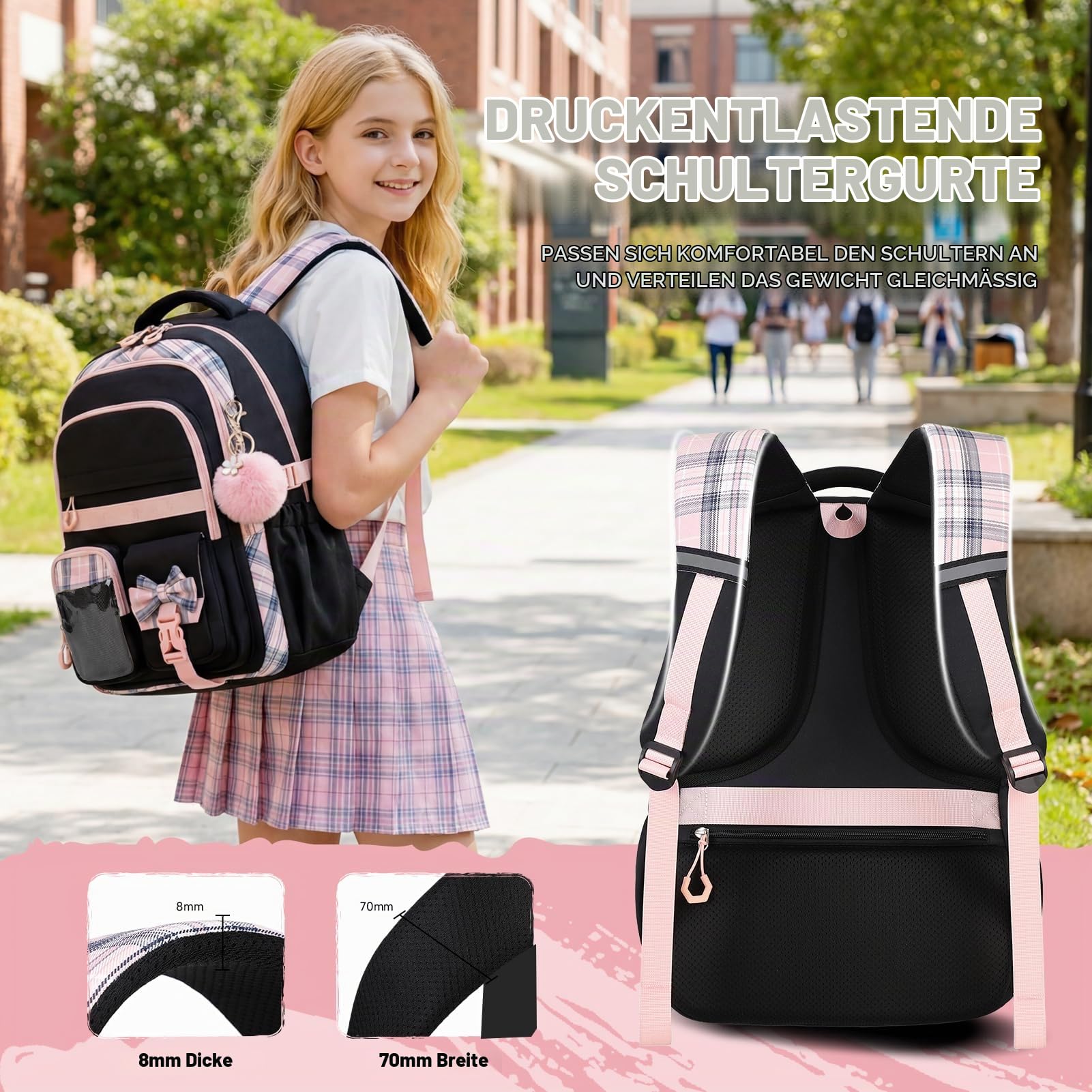 Amythe Schulrucksack Mädchen Rucksack Kinder Ergonomisch, Schwarz Rosa | Leichter Schultasche für Mädchen 8-12 Jahre, Lässiger Ranzen Teenager für die Schule Reisen, 22 Liter