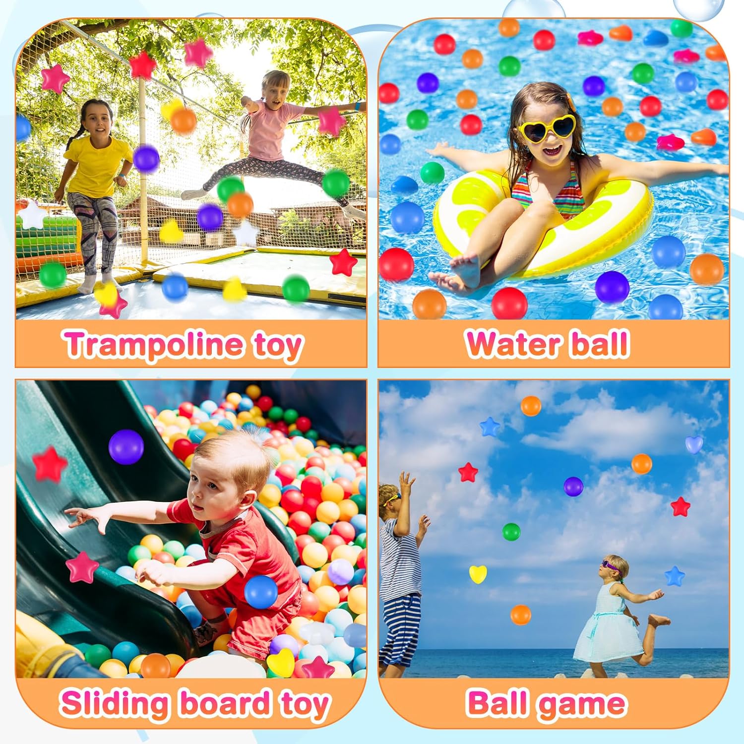 RoundFunny 100 Pieces Balls for Kids Star Heart Shape Plastic Balls for Toddler Playpen 2.17'' Play Toy for Crawl Tunnel Inflatable Pool Birthday Party Decoration