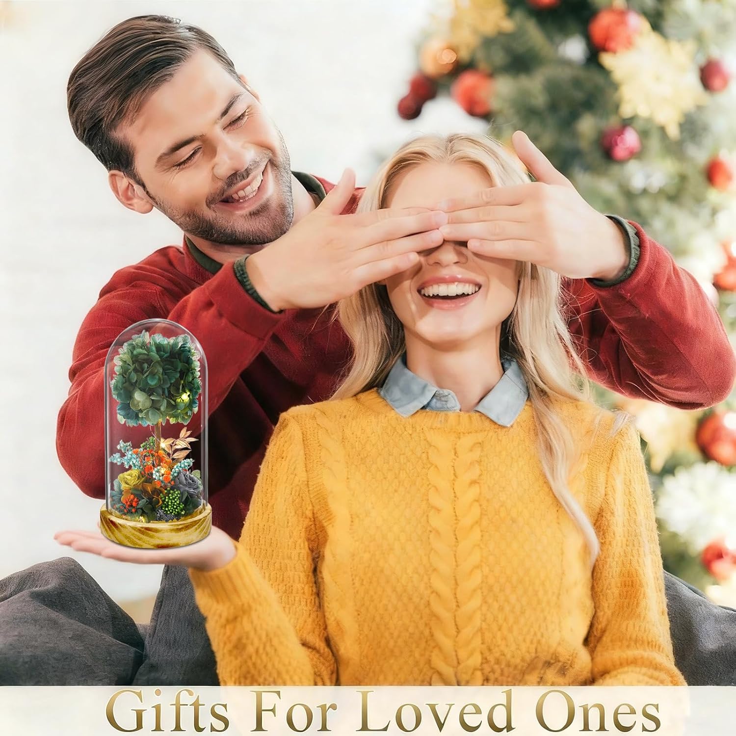 Preserved Flower Glass Dome with LED Lights, Handmade Hydrangea Tree and Eternal Rose Arrangement on Wood Base, for All Festivals,for You to Send Love for All Occasions(Dark Green) - Image 5