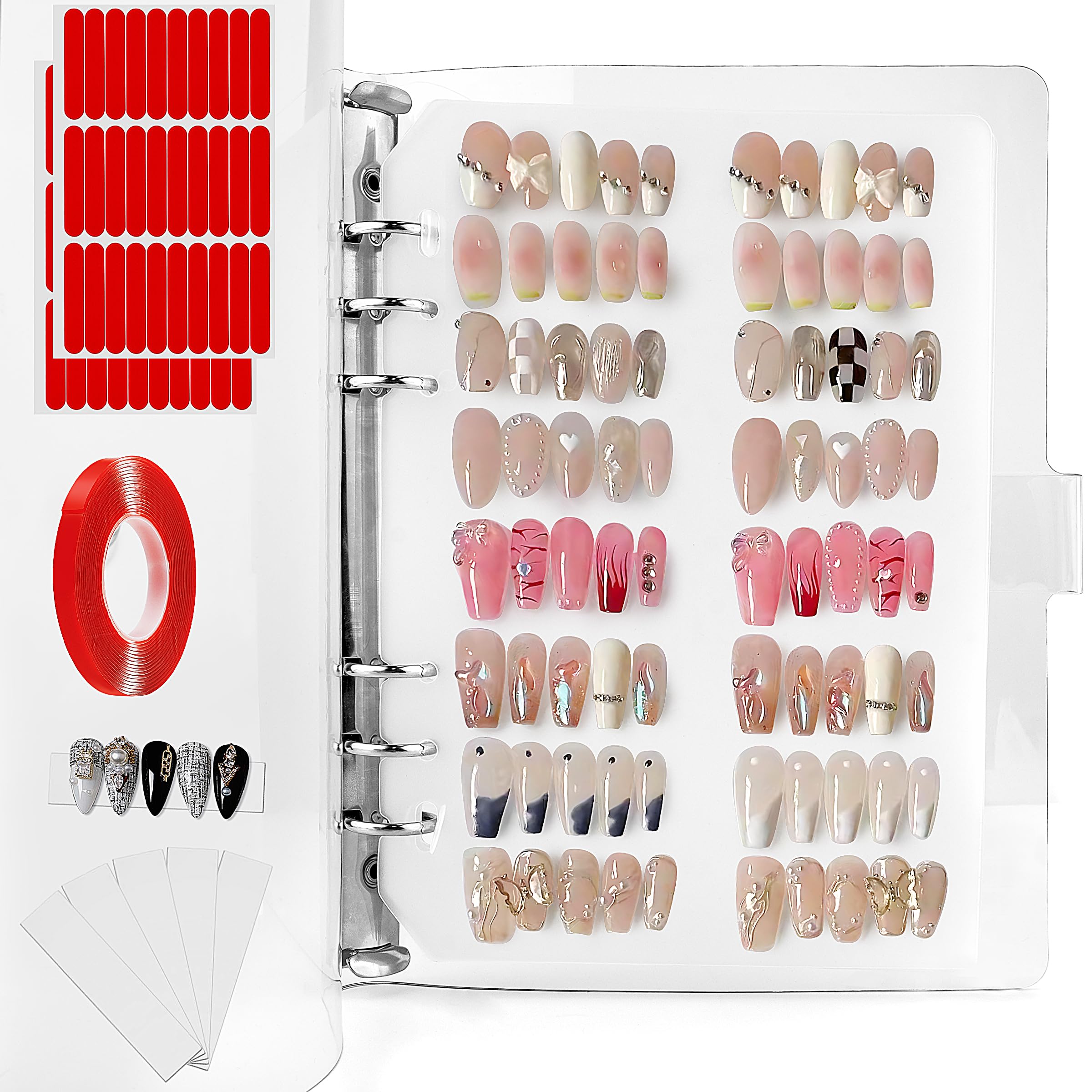 Yazabai Large Clear Press On Nail Organizer Book Storage Acrylic Art Display Packaging Box with Transparent Tape for Fake Salon (Clear, 9.5 * 7in)