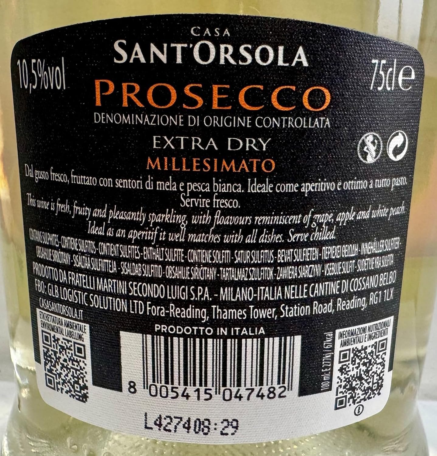 Sant'Orsola Luxury Spritz - Aperitivo de 25 de sabor equilibrado +Glera Proseco D.O.C. Millesimato Extra Dry + Tapón + Medidor