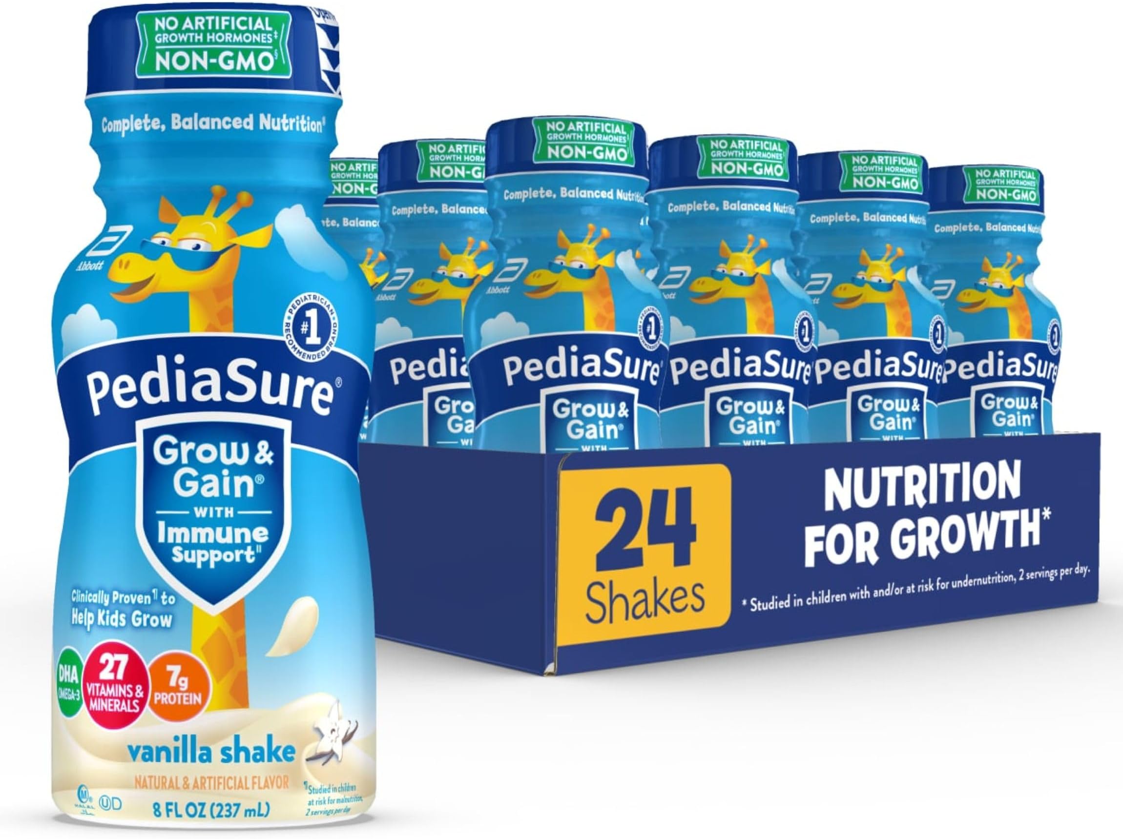 Grow & Gain with Immune Support, 27 Vitamins & Minerals for Kids, 7g Protein, Non-GMO, Gluten-Free, Vanilla, 8-fl-oz Bottle, Pack of 24