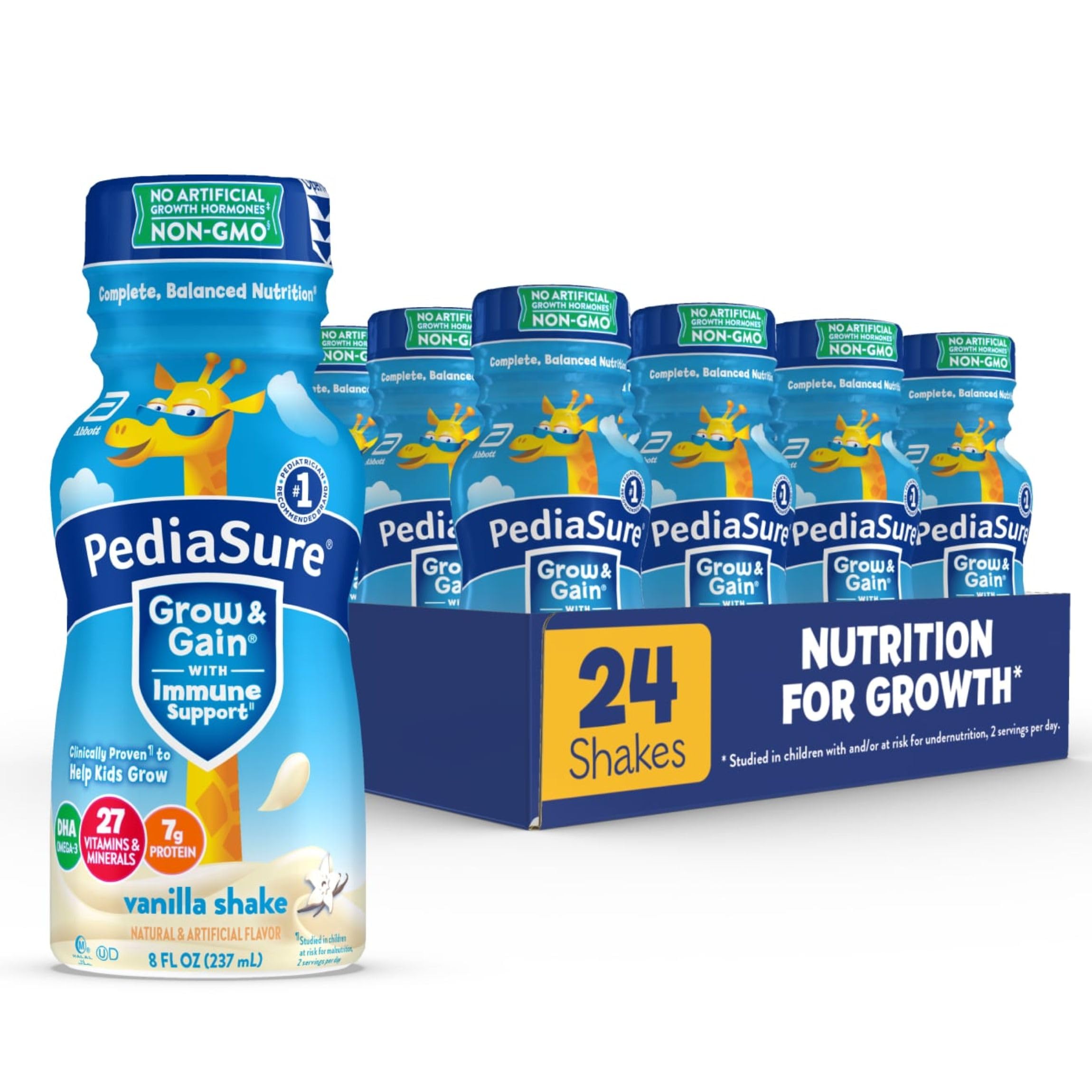PediaSureGrow & Gain with Immune Support, 27 Vitamins & Minerals for Kids, 7g Protein, Non-GMO, Gluten-Free, Vanilla, 8-fl-oz Bottle, Pack of 24