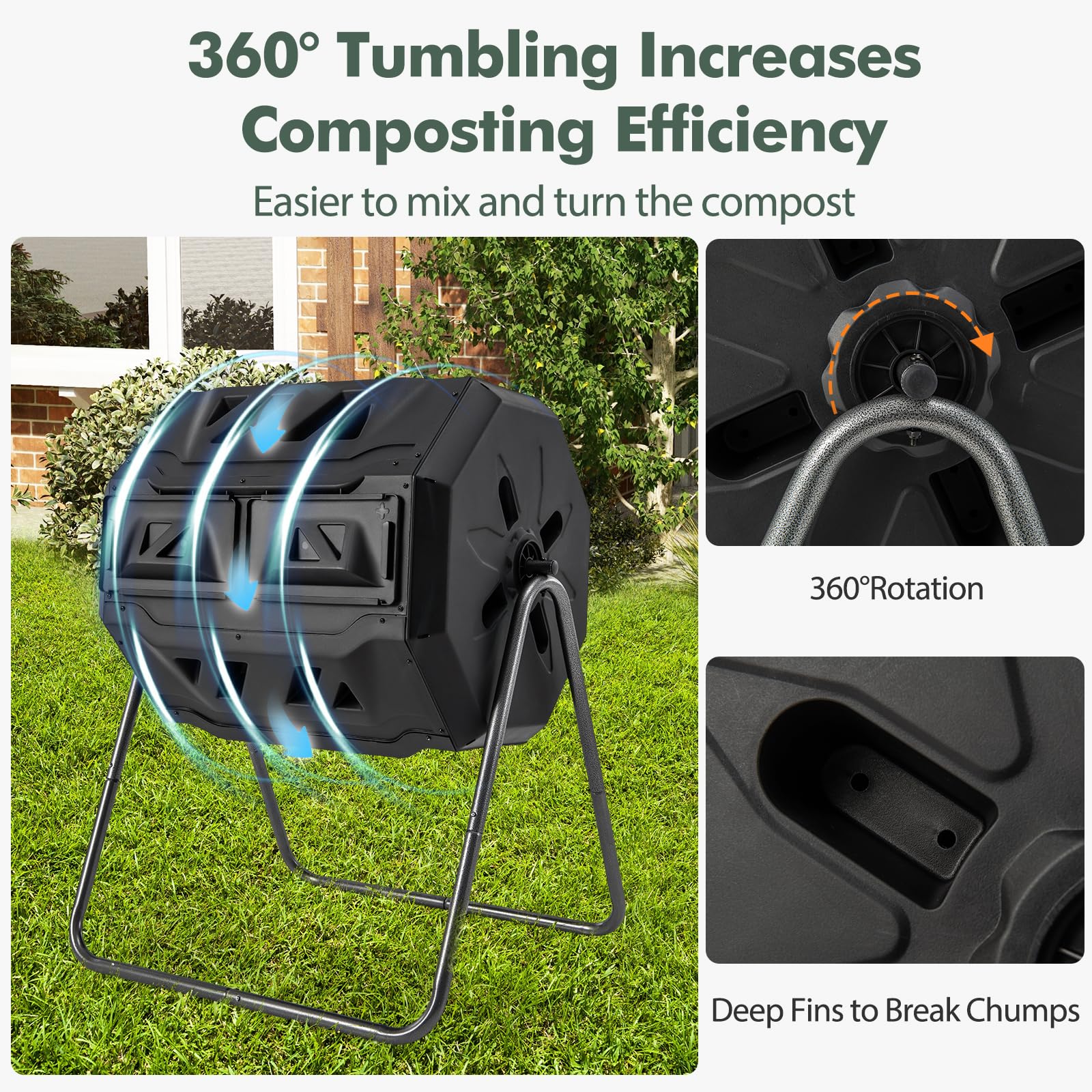 RELAX4LIFE Compostiera a Tamburo Domestica, Compostiera a Bidone in Ferro con 2 Camere da 160L, Compostiera Rotante a 360° con Struttura Triangolare Stabile per Giardino e Balcone, 70 x 65 x 93 cm
