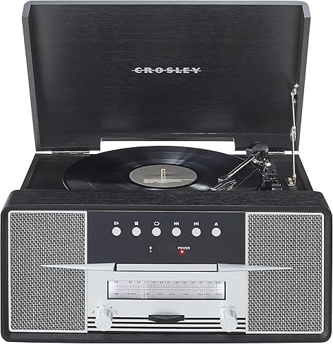 Crosley CR7016A-BK Rhapsody - Tocadiscos de vinilo 7 en 1 con Bluetooth, 3 velocidades, reproductor de CD, radio AMFM, color negro