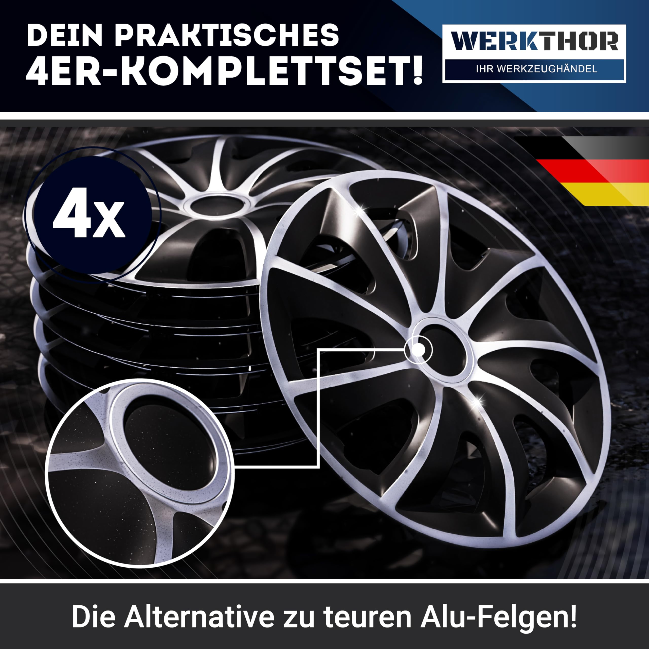 WERKTHOR Copricerchi 16 Pollici – Set 4 Copricerchi da 13 a 16 Pollici Nero/Argento – Copri Cerchi 15 Pollici per Auto – Borchie Robuste per Cerchi in Acciaio