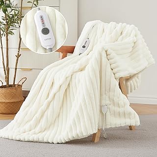 GarveeHome Electric Blanket Heated Throw 50"x60", Cozy Faux Rabbit Fur Heated Blanket with 4 Heating Levels & 4 Hours Auto Off, Over-Heat Protection, Machine Washable, ETL & FCC Certification, Beige