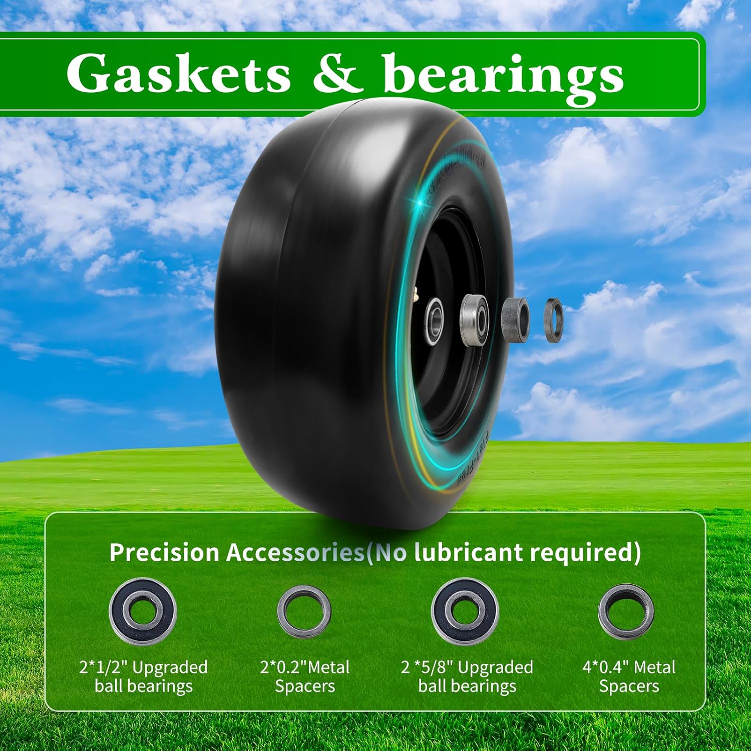 13x5.00-6 Flat Free Tire,2 Pcs Solid Smooth Lawn Mower Tires Assembly with 3/4" 5/8" and 1/2" Precision Bearings for John Deere/Husqvarna Mower Tires,Zero Turn Lawn Mower Tires (2, 13x5.00-6)