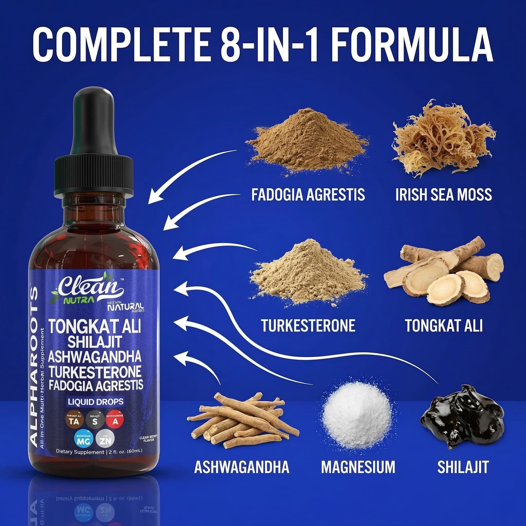 Tongkat Ali Liquid Drops Shilajit, Ashwagandha, Turkesterone, Fadogia Agrestis, Magnesium, Irish Sea Moss, and Zinc Herbal Supplement by Clean Nutra — Amazon image 5