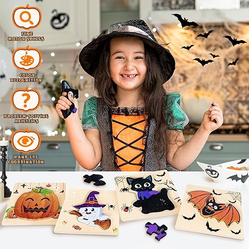 Miniatura 2 de Paquete de 4 rompecabezas de madera de Halloween para niños pequeños, juguetes educativos de aprendizaje, rompecabezas para recuerdos de fiesta,