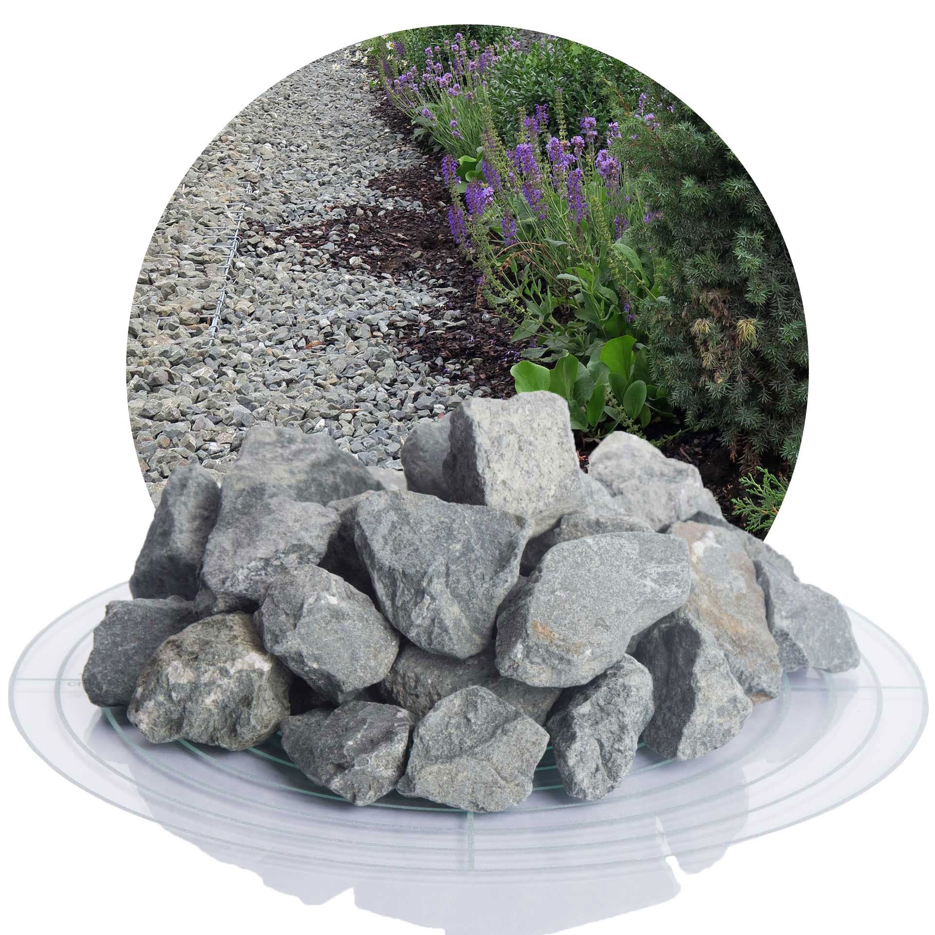 Schicker Mineral Diabas Ziersplitt grau 25 kg, Naturstein, Splitt für Steingärten, Beet, Gartenteich, Fassadenschutz, Weg- und Terrassengestaltung, robust, witterungsbeständig (Körnung 32-56 mm)