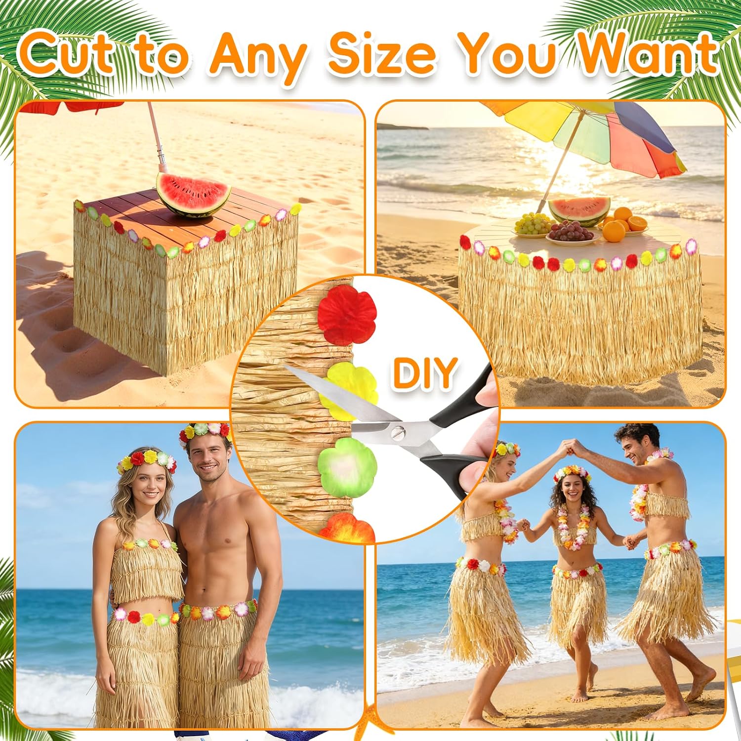 4 Pack Hawaiian Grass Table Skirt 108" x 29.5", Laua Party Decorations Grass Skirt for Table with Flowers, Hawaiian Party Decor for Luau Birthday Beach Tropical Summer Party Supplies