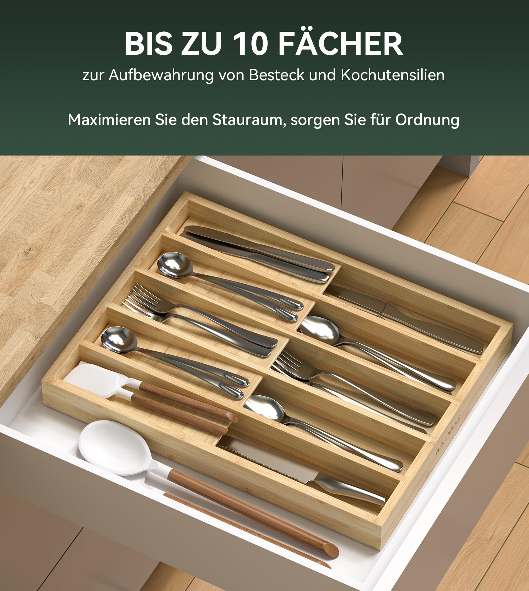 WELL WENG Organizador de cubiertos con 10 compartimentos fijos – Organizador de cajones para cucharas, tenedores, cuchillos y utensilios de cocina – Caja para cubiertos que ahorra espacio (40,7 x 31,2