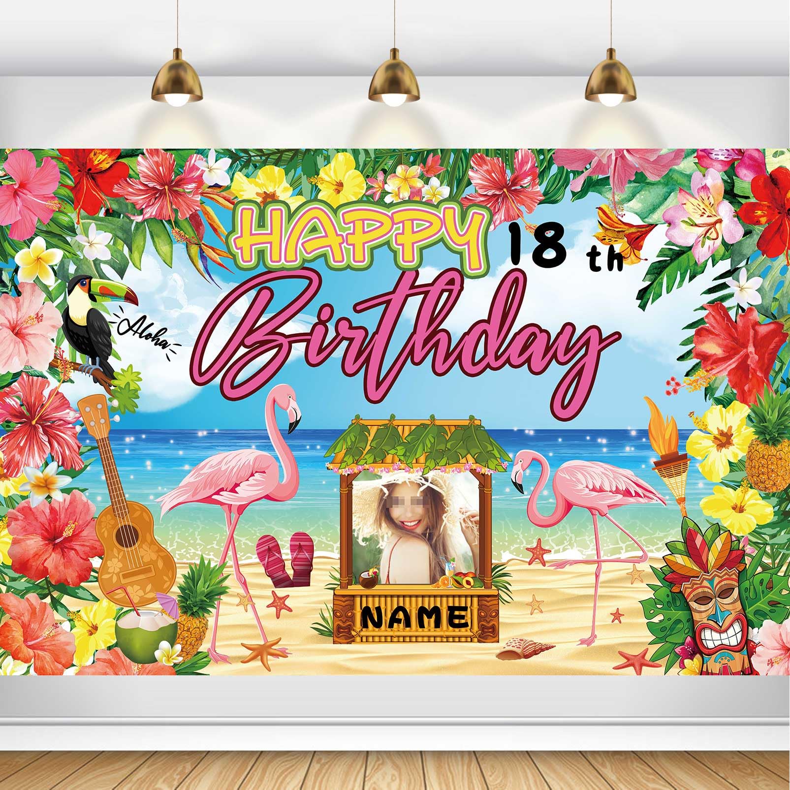 AUBAO Custom Happy Birthday Banner Flamingo Themed Party Decoration Backdrop Party Supplies Tropical Floral Photo Booth Hawaiian Themed Party