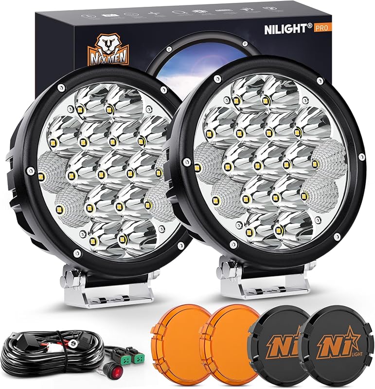 Farol auxiliar LED Nilight redondo 7" 85 W com feixe combinado e capas âmbar e preta – 2 unidades