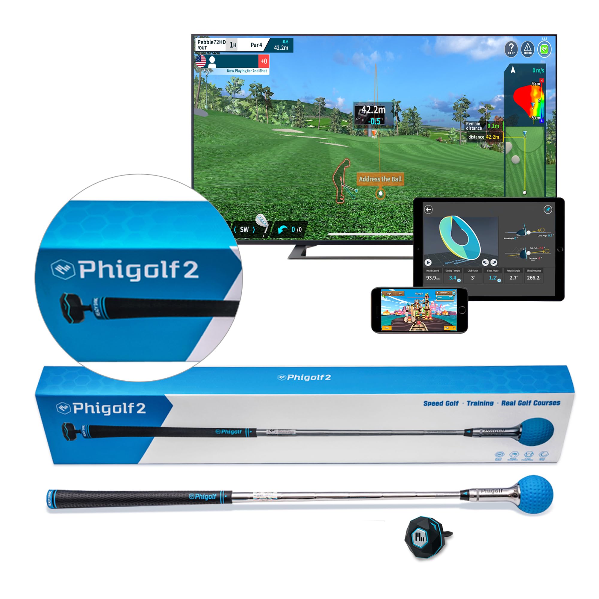 PHIGOLF Simulador de juego de golf en casa: disfruta del golf interactivo con sensor de movimiento y palo oscilante para diversión en interiores y exteriores, más de 38.000 campos en todo el mundo,