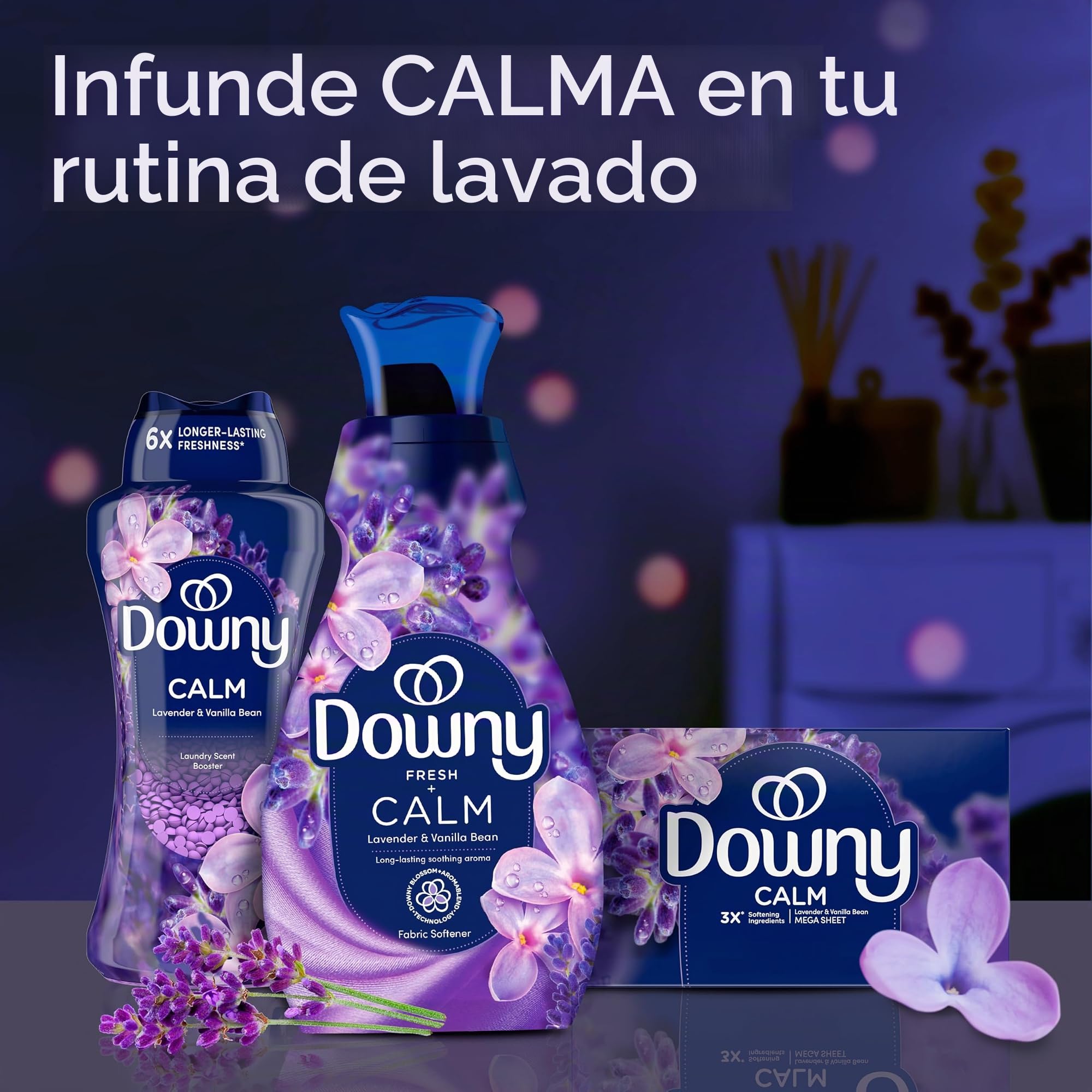 Downy Infusions - Suavizante de tela para ropa líquido, aroma tranquilo, lavanda y vainilla, 56 onzas líquidas (paquete de 2)