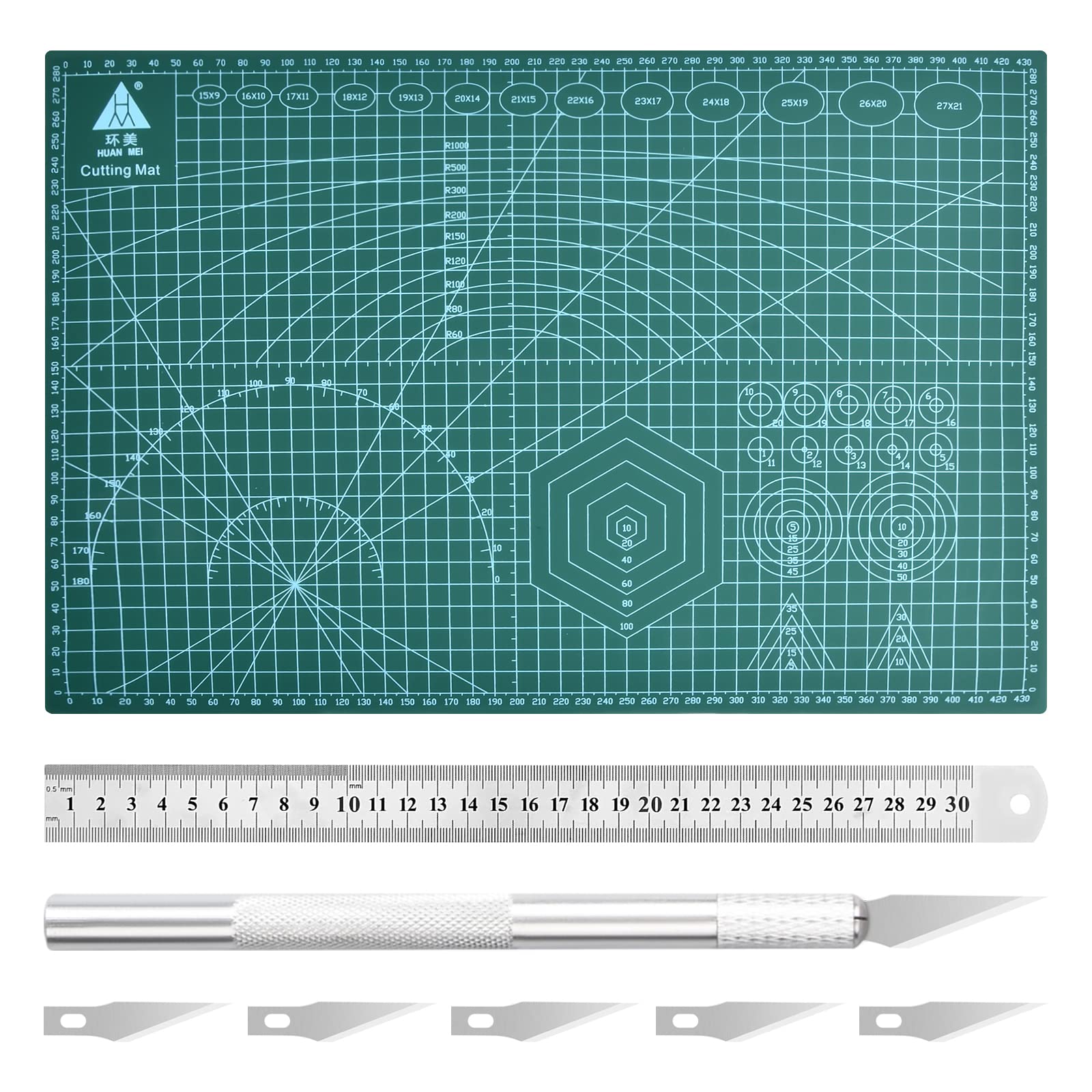 Tappetino da Taglio Autorigenerante A3, Tappetino da Cucito, Cutting Mat, con 6 Coltelli per Bricolage e Righello in Acciaio, per Cucito, Lavori Manuali e Patchwork (A3, 45 x 30 cm, Verde)