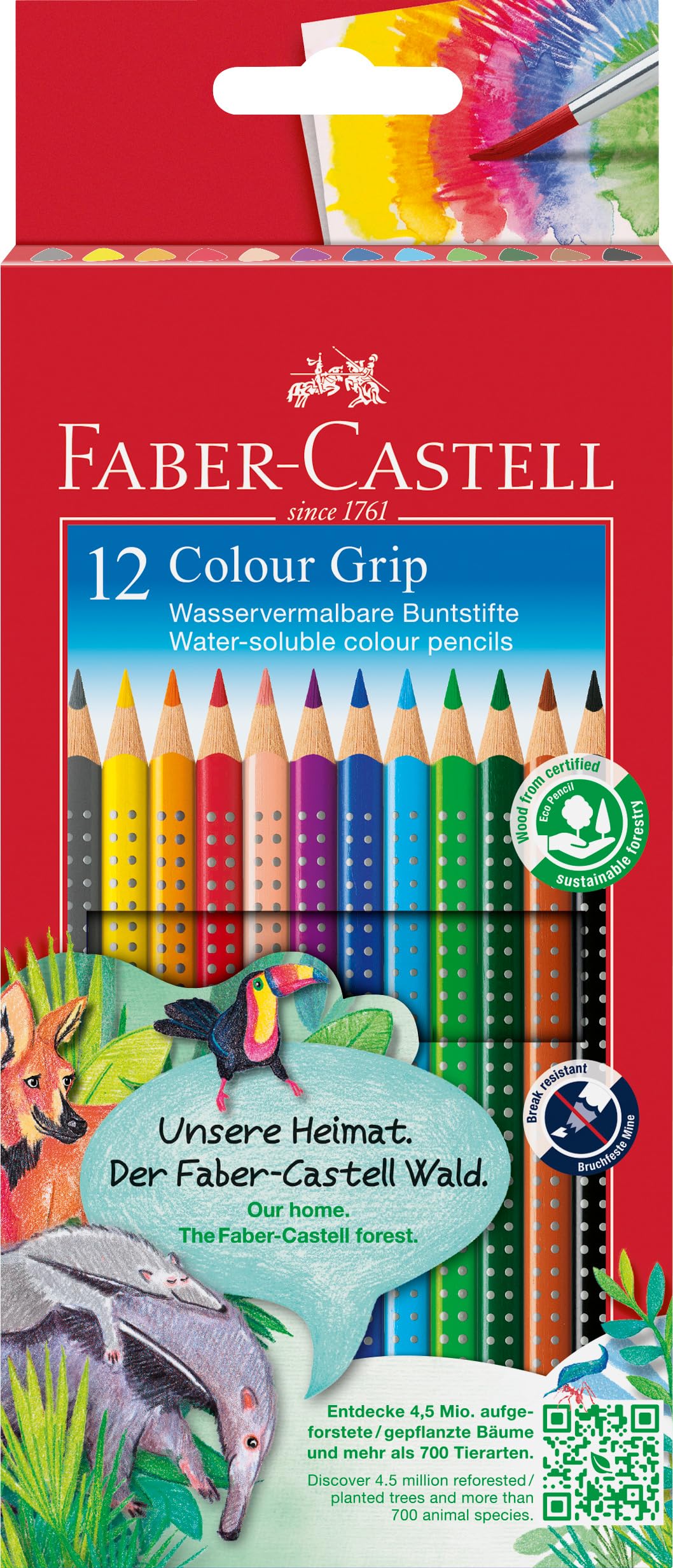 Faber-Castell 112412 Colour Grip Buntstifte für Kinder, 12er-Buntstifte-Set, Malstifte mit Grip und dreieckigem Schaft, wasserlöslichen Pigmenten, leicht auswaschbar und bruchsicher, Schulsachen