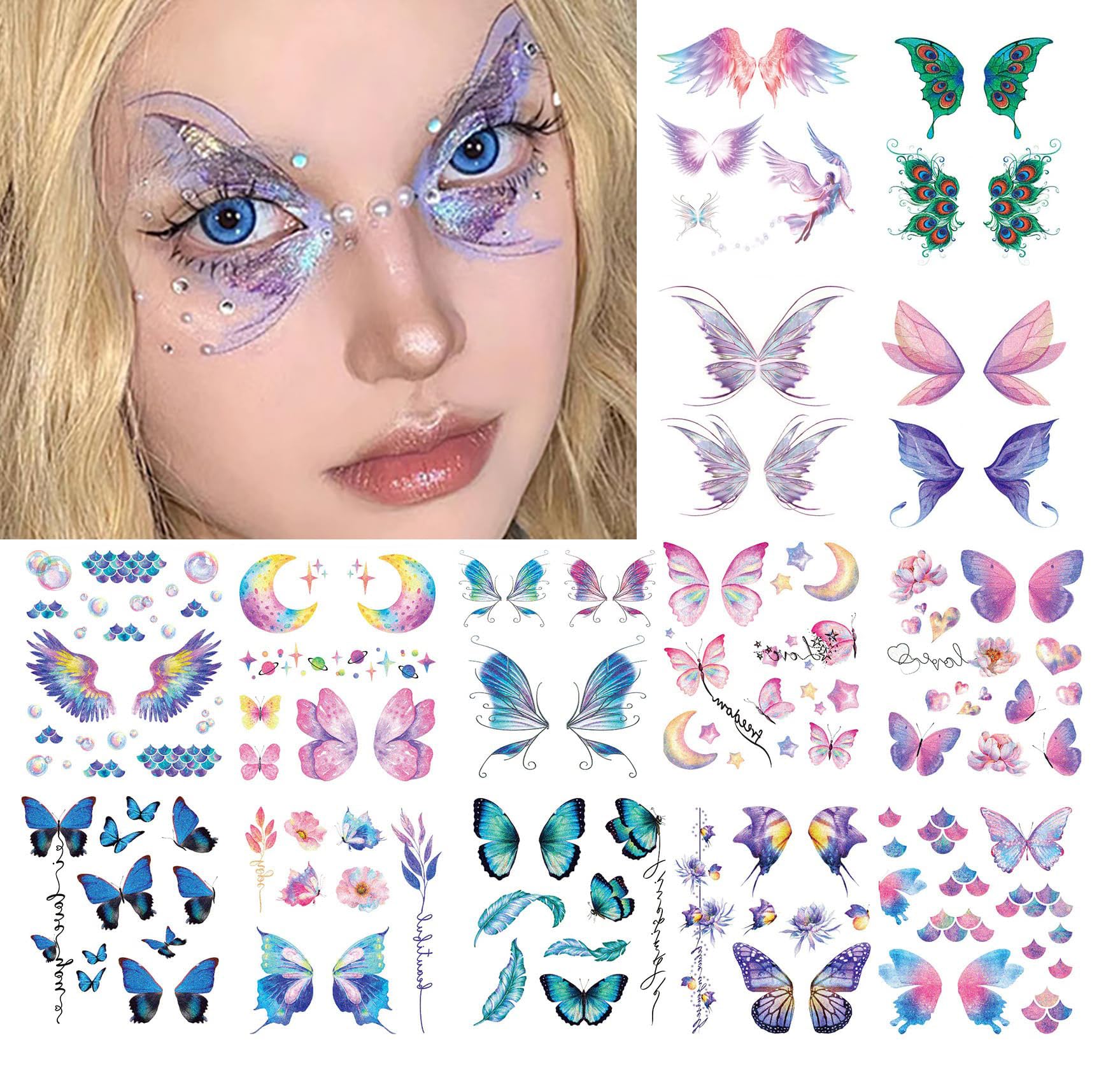 14 Sheets Glitter Butterfly Temporary Tattoos Sticker for Eye Face Makeup Decoration, Body art tattoo stickers Shiny Butterflies Waterproof Fake
