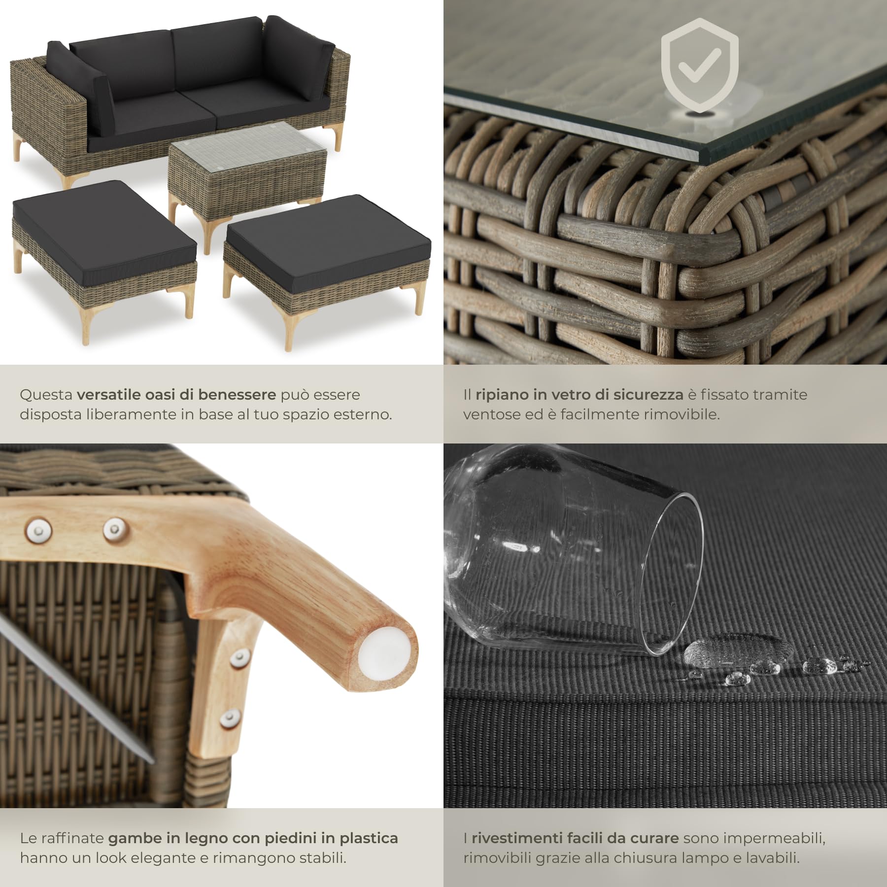 tectake® Salottino in Rattan Bellaria, Telaio in Alluminio, Set da Giardino con Tavolino Salotto, Poltrone, Rivestimenti Idrorepellenti, Resistente ai Raggi UV - Naturale