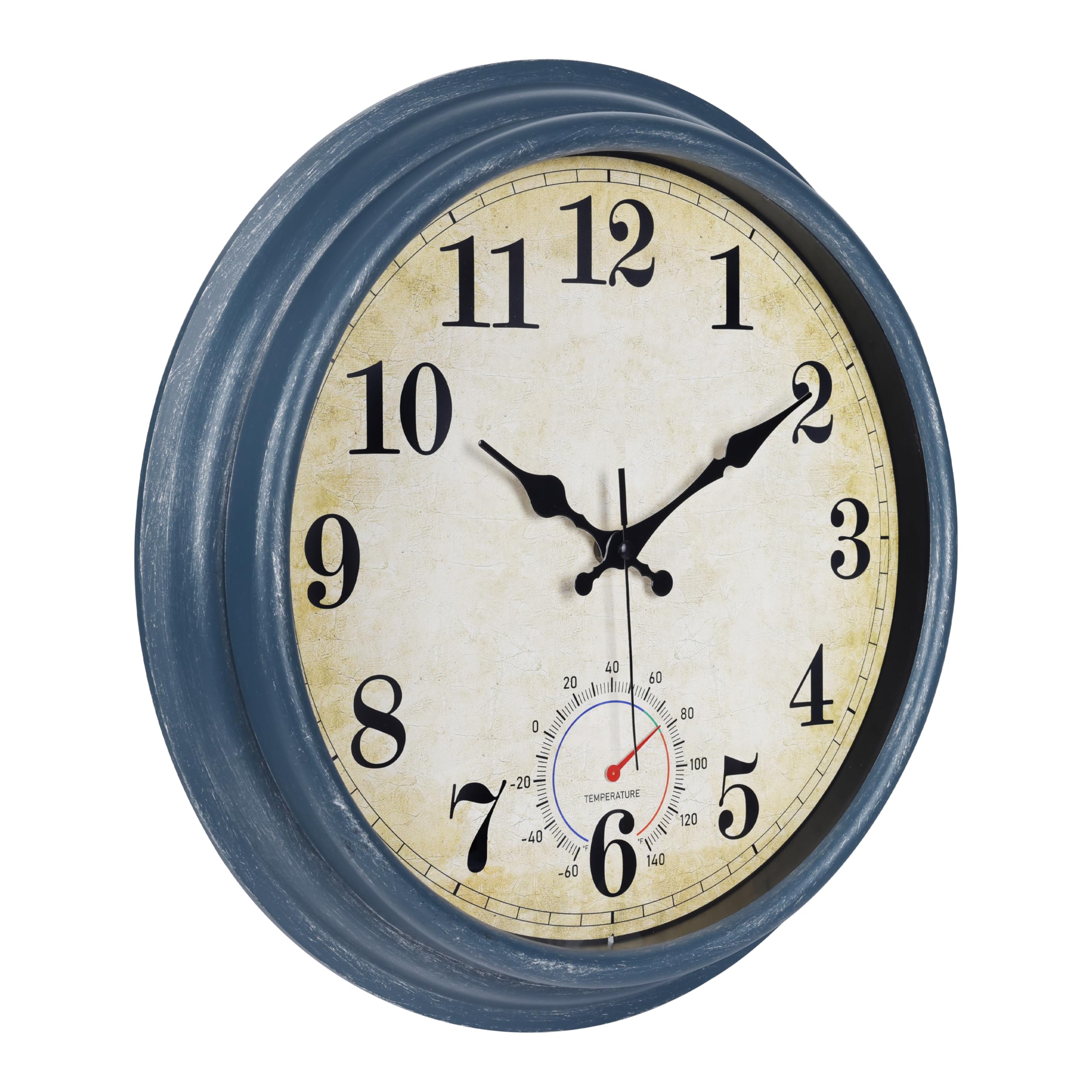 Grande horloge murale d'extérieur étanche avec thermomètre - Horloge murale rustique pour salle de bain, terrasse, piscine (40,6 cm, bleu)