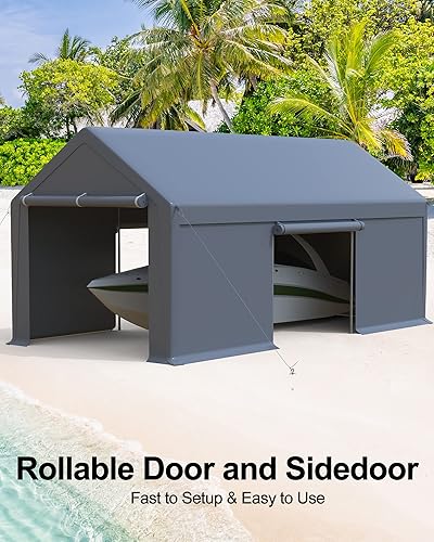 Miniatura 5 de DEXSO Toldo resistente de 13 x 20 pies, garaje portátil de altura ajustable con puertas enrollables, gran cobertizo de almacenamiento al aire libre