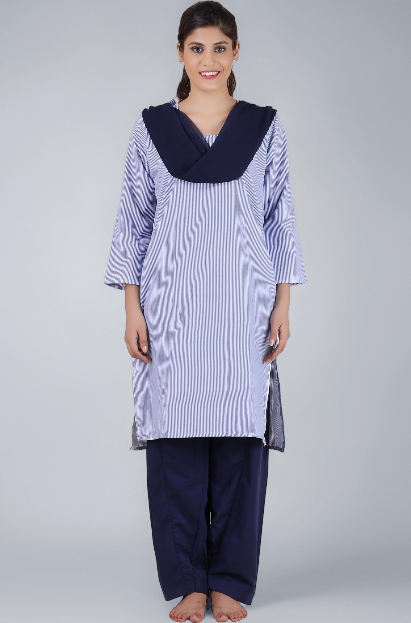 FABUNIFORMS Women's Poly Cotton Readymade and Stitched Housekeeping Salwar Suit with Dupatta Set – Ideal for Security Guards, Hotel, Cleaning Staff and Hospital Staff Uniform (White & Blue Lining)