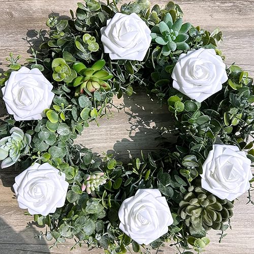 Miniatura 52 de Winlyn 50 rosas rojas de tacto real con tallos y hojas de seda, flores artificiales a granel para bodas, centros de mesa, arreglos florales