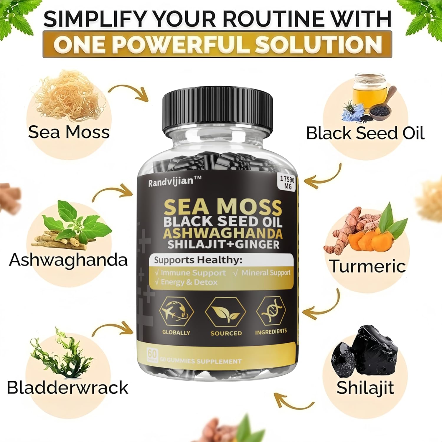 Sea Moss, Black Seed Oil, Ashwaghanda, Shilajit and Ginger with Turmeric, Bladderwrack, Chlorophyll, Manuka Honey - All in 1 Bundle, Support Energy, Immunity, Digestion & More, Gluten-Free, Vegan - Image 2