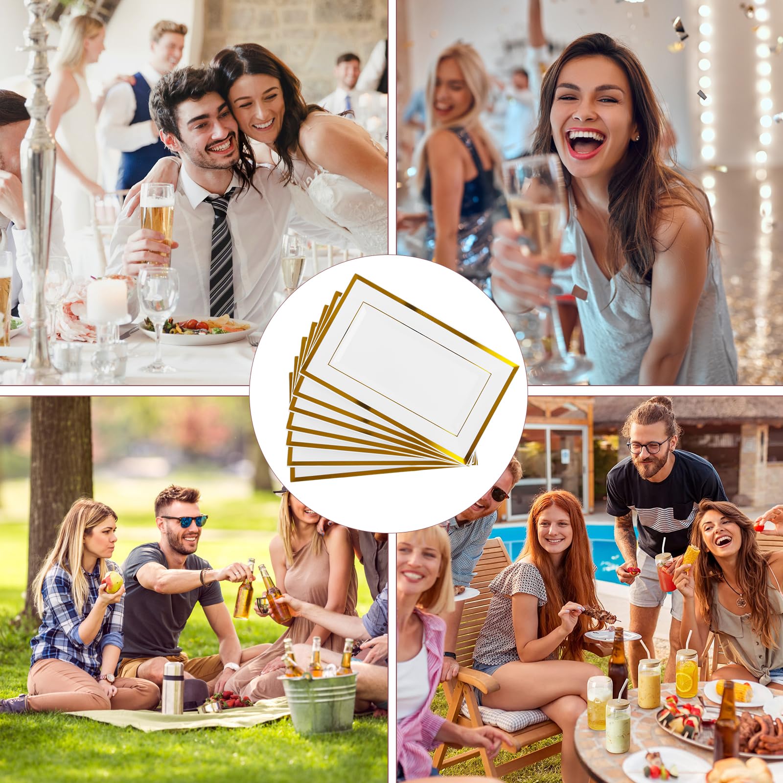 10 Stück Weiße Plastik Servierplatten mit Goldrand, 33x20x1,5cm Kunststoff Serviertablett Weiße, Servierplatten Kuchenplatte Rechteckig für Buffets, Sushi, Catering, Buffets, Geburtstage