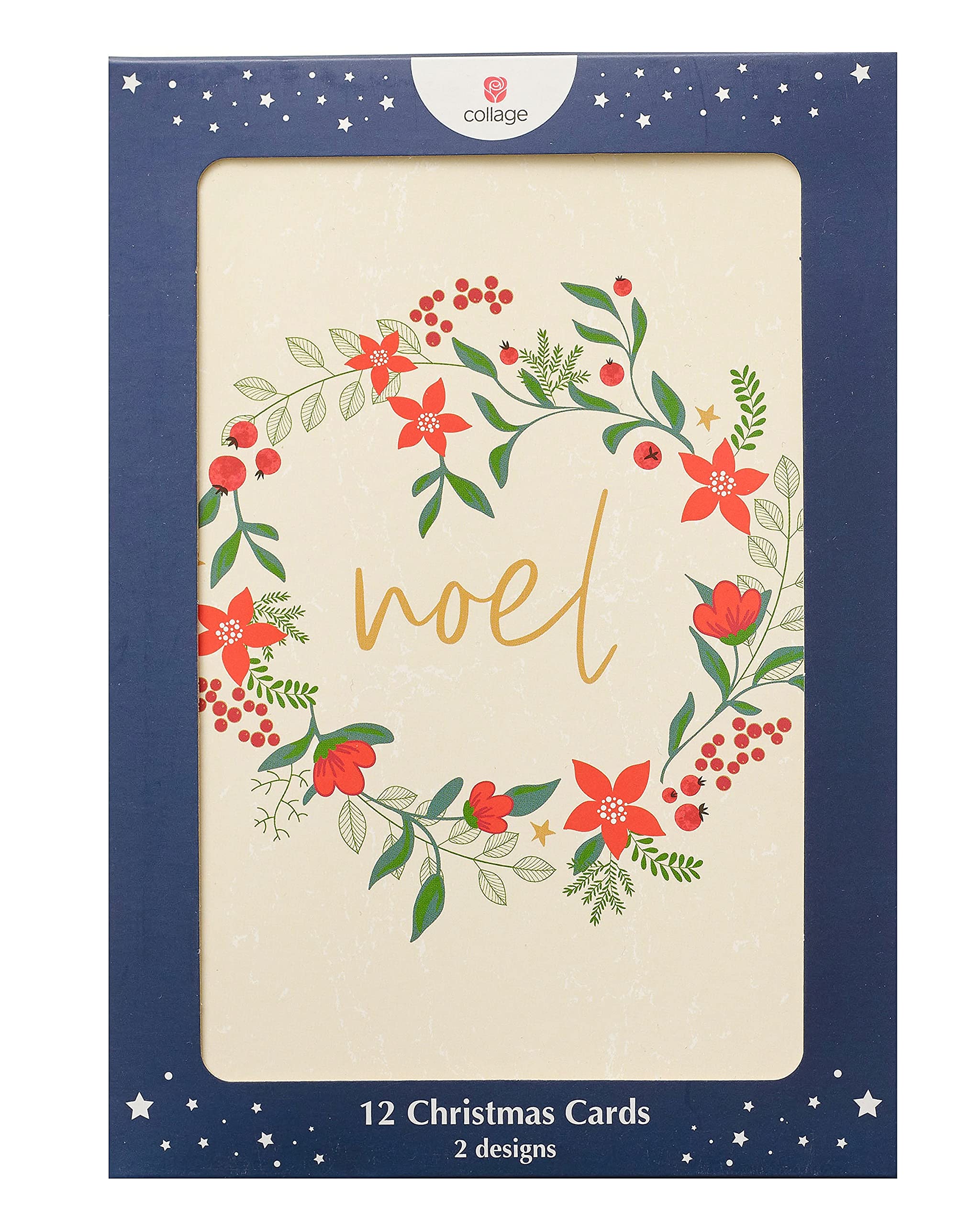 Box Of 12 Festive Floral Wreaths Christmas Cards In 2 Designs Xmas Card Boxes, Red, Cream - Image 3