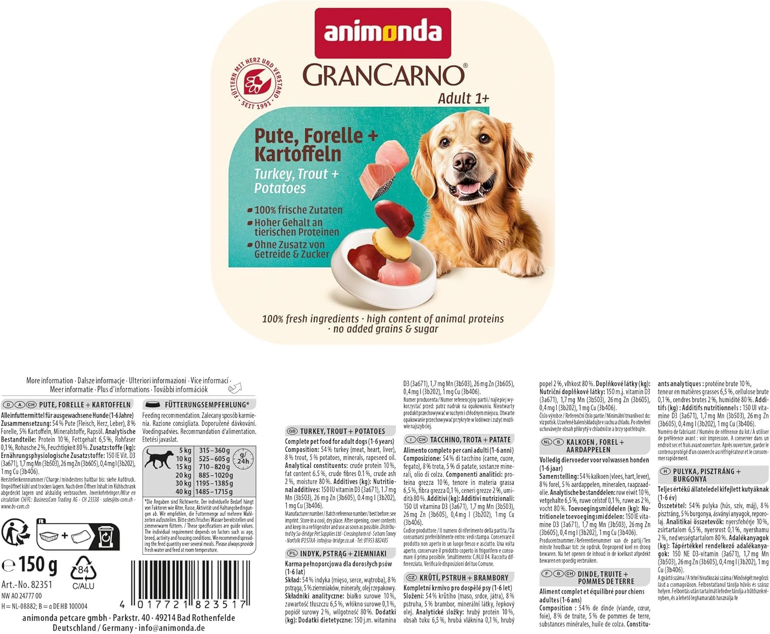 animonda GranCarno Hunde Nassfutter Adult mit Pute, Forelle + Kartoffel (22 x 150g), getreidefreies Hundenassfutter ohne Zucker, für ausgewachsene Hunde, mit frischen fleischigen Zutaten