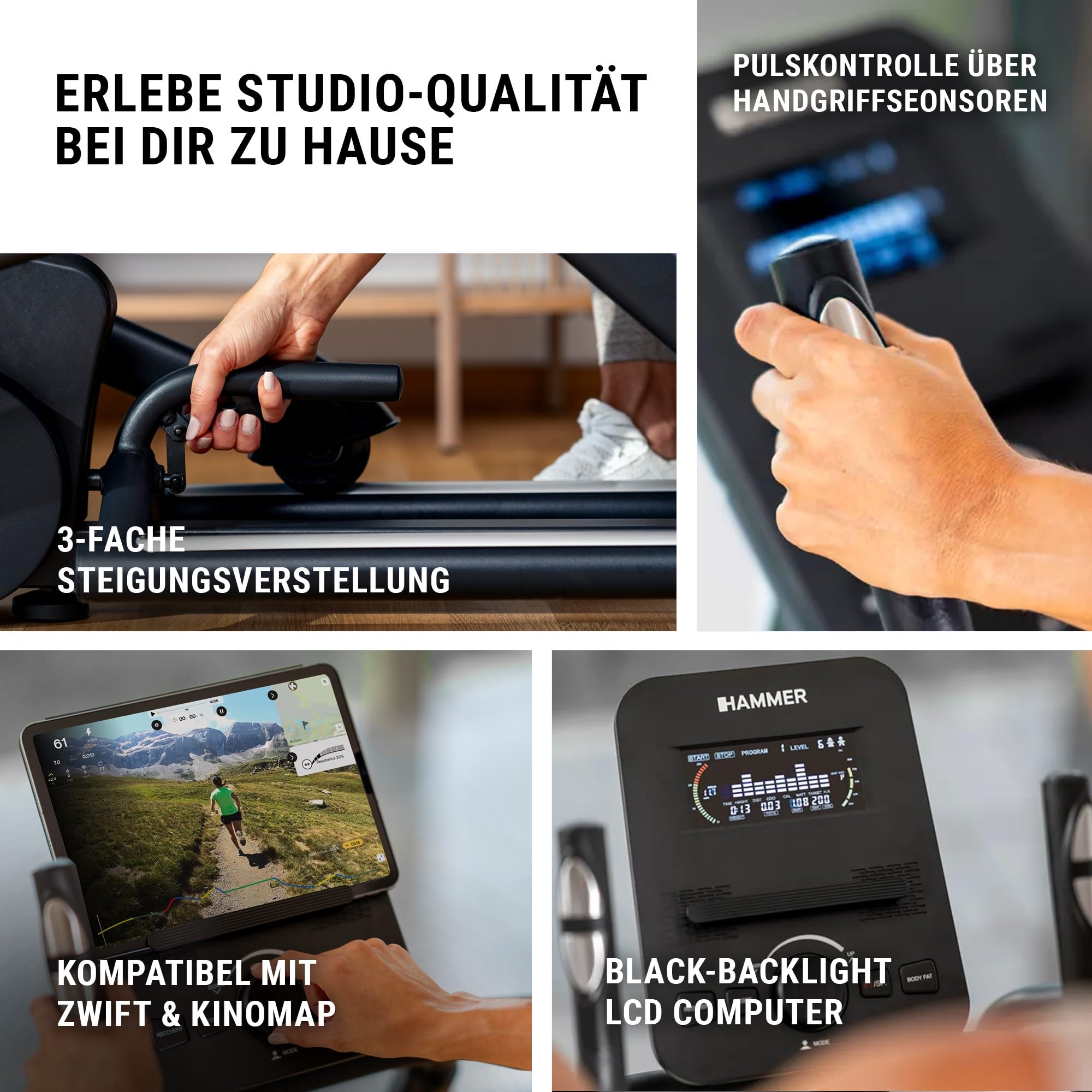 Hammer Crosstrainer Ellipsentrainer SpeedMotion II, 3-fache Steigung, 24 Programme, 18 kg Schwungmasse, Kinomap & Zwift
