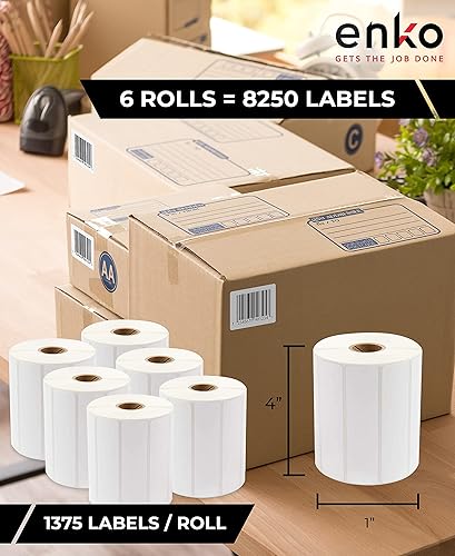Miniatura 2 de enKo - Etiquetas térmicas directas compatibles con etiquetas de cebra / rollo de 4 x 1 pulgada, núcleo de 1 pulgada (6 rollo, 8250 etiquetas)