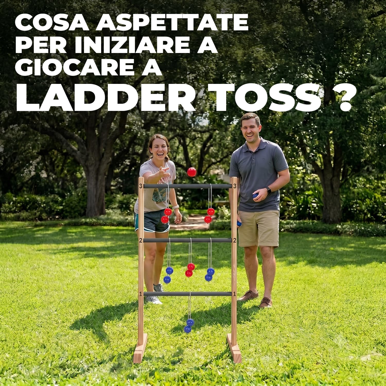 Ladder Toss® | Gioco di Abilità in Legno per Adulti | 1 Scala + 6 Bolas + 1 Custodia Protettiva | Gioco di Lancio | Gioco da Esterno | Palline da Golf | OriginalCorner®