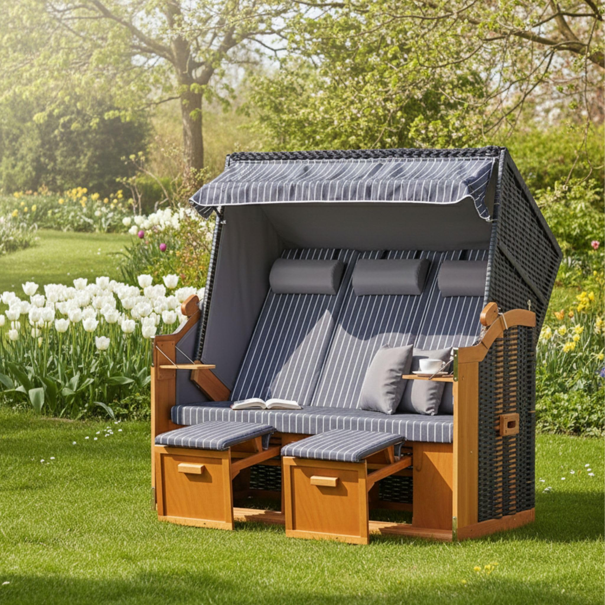 MR. DEKO Strandkorb Ostsee XXL Volllieger | PE Geflecht Schwarz inkl. 6 Kissen | Dessin Royal Anthrazit | Strandstuhl Liegestuhl DreisitzerStrandkörbe aus Hartholz | Garten, Wintergarten und Terrasse