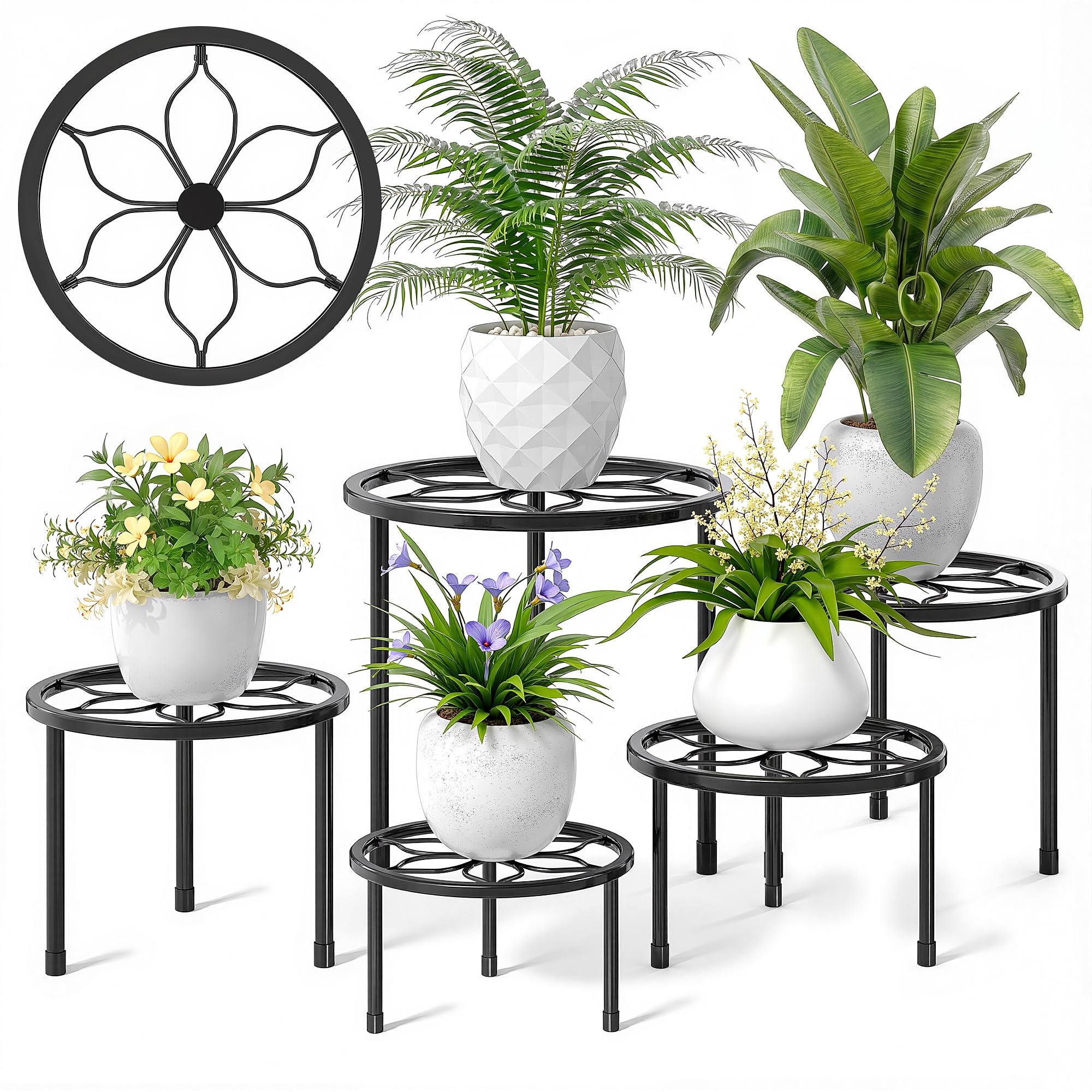 VECELO 5er-Pack Pflanzenständer aus Metall für Zimmerpflanzen, mehrere robuste Blumentopfständer/runder Pflanzenhalter für Outdoor-Pflanzgefäß, Wohnzimmer, Balkon Dekor, schwarz
